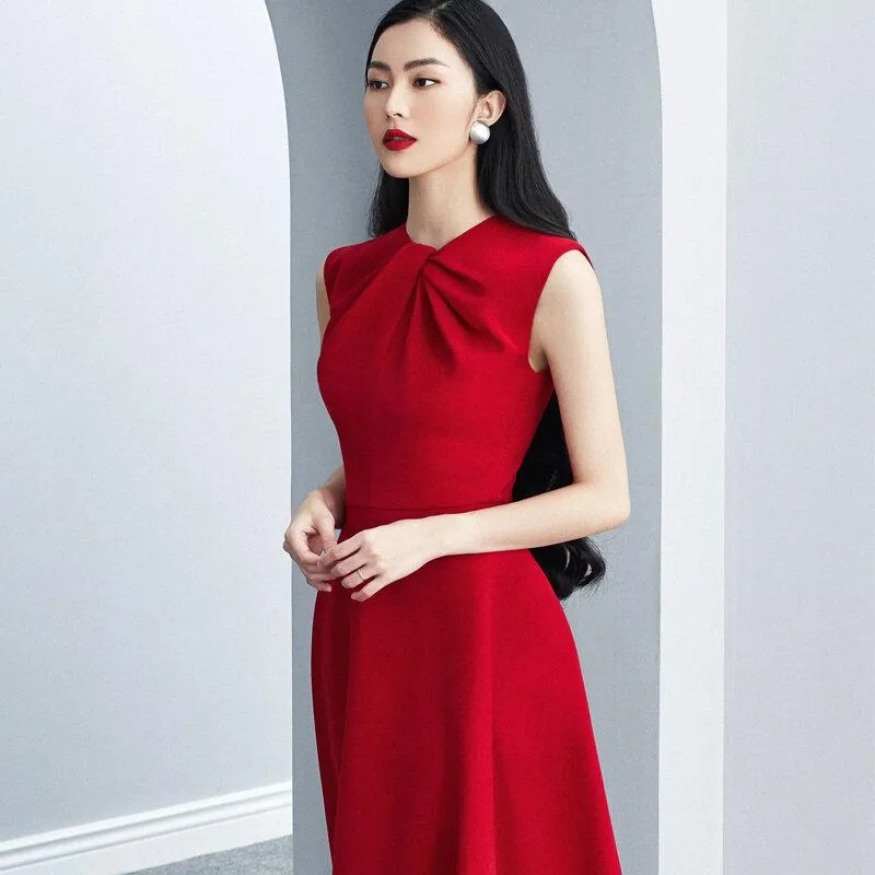 Retro vintage cocktail gold red wedding guest bridesmaid twist neckline midi dress - Gadi