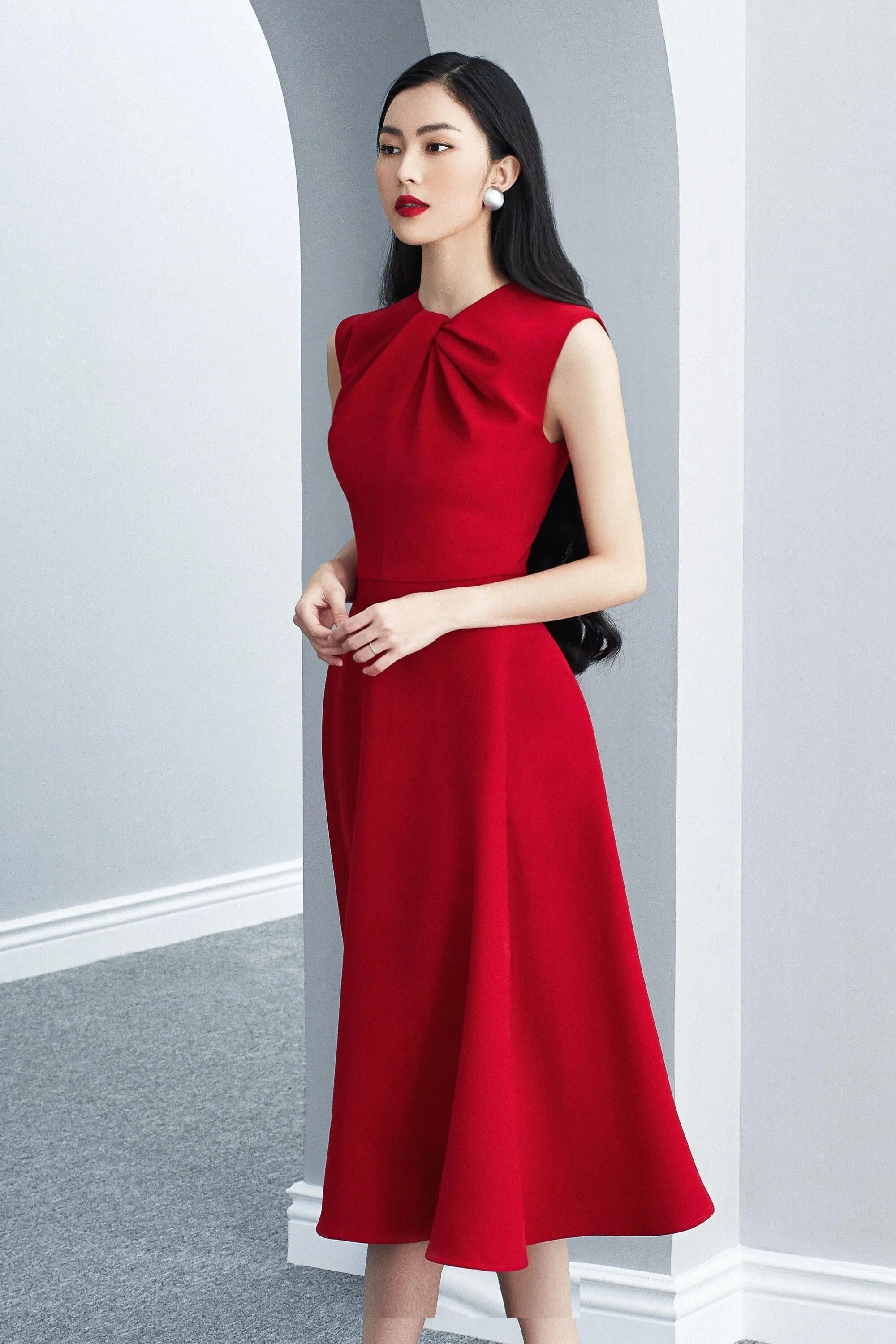 Retro vintage cocktail gold red wedding guest bridesmaid twist neckline midi dress - Gadi