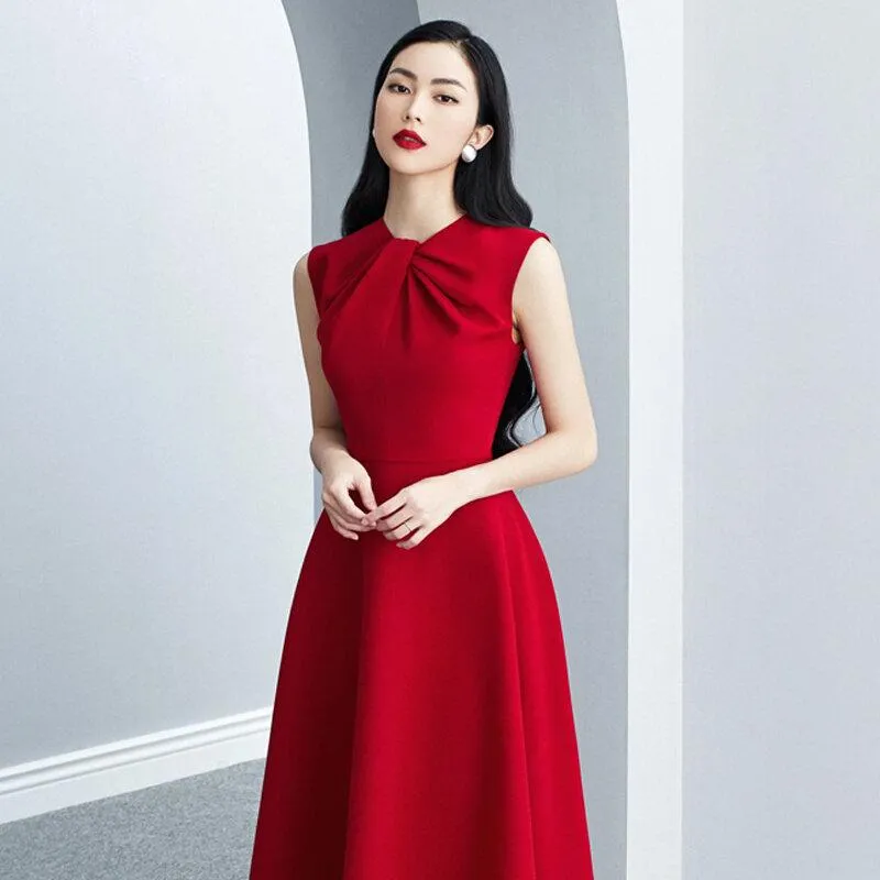 Retro vintage cocktail gold red wedding guest bridesmaid twist neckline midi dress - Gadi