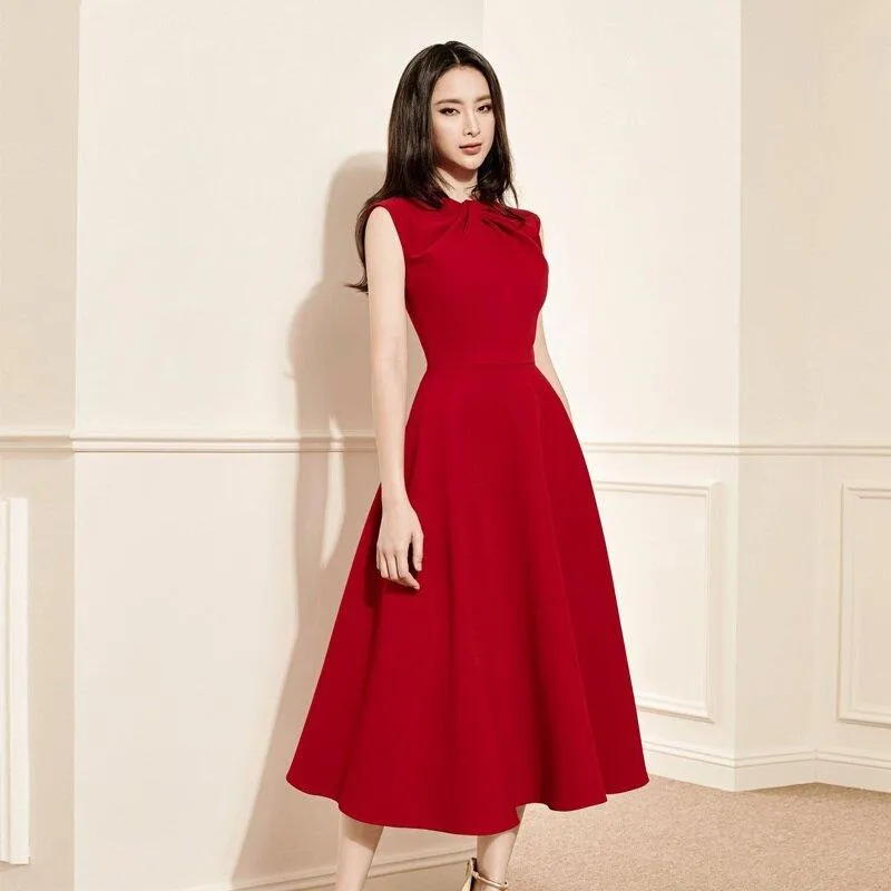 Retro vintage cocktail gold red wedding guest bridesmaid twist neckline midi dress - Gadi