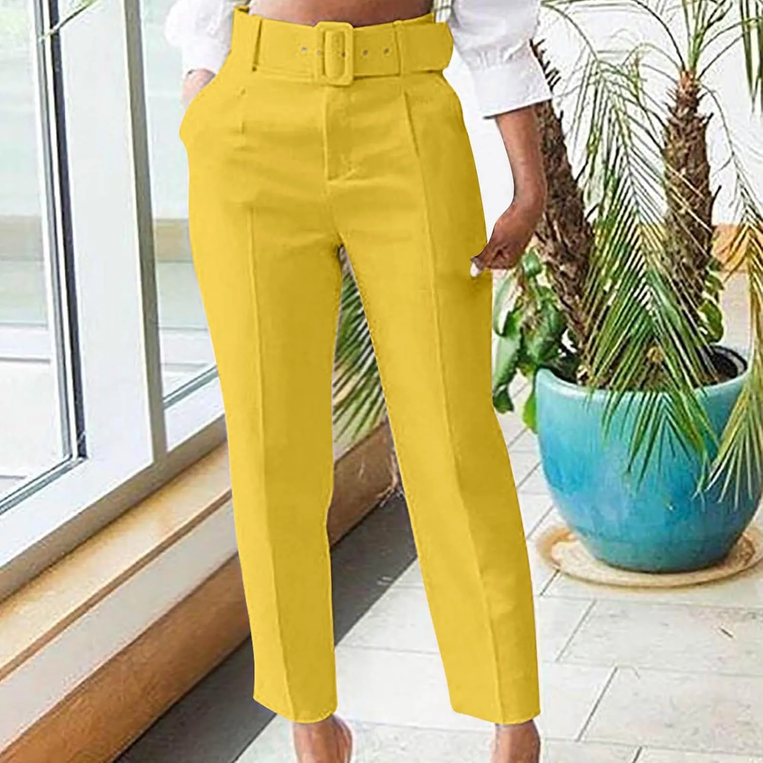 Soild Color Elegant Pantswith Belt for Women High Waist Elastic Trouser with Pocket Straight Legs Long Pants for Work