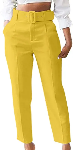 Soild Color Elegant Pantswith Belt for Women High Waist Elastic Trouser with Pocket Straight Legs Long Pants for Work