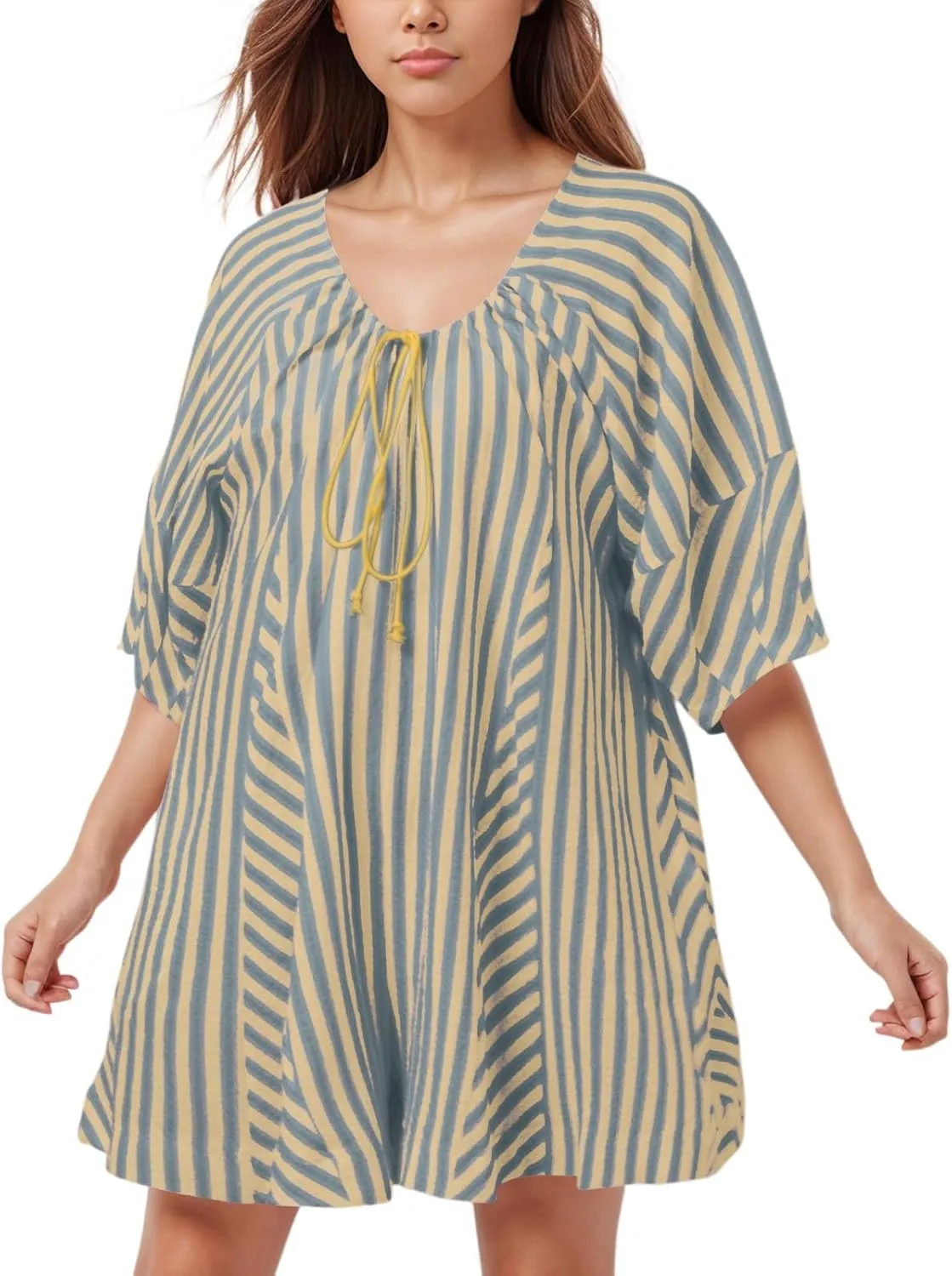 Summer Rompers for Women 2025 Casual Oversized Striped Puff Sleeve Short Jumpsuits Front Tie Overalls with Pockets