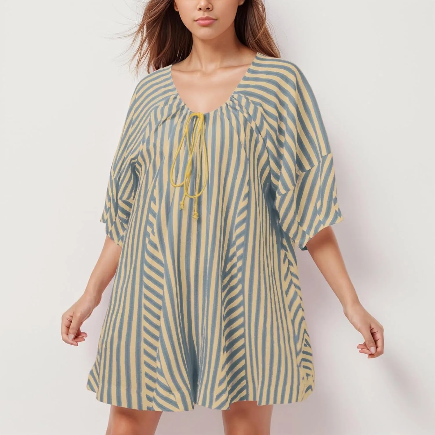 Summer Rompers for Women 2025 Casual Oversized Striped Puff Sleeve Short Jumpsuits Front Tie Overalls with Pockets