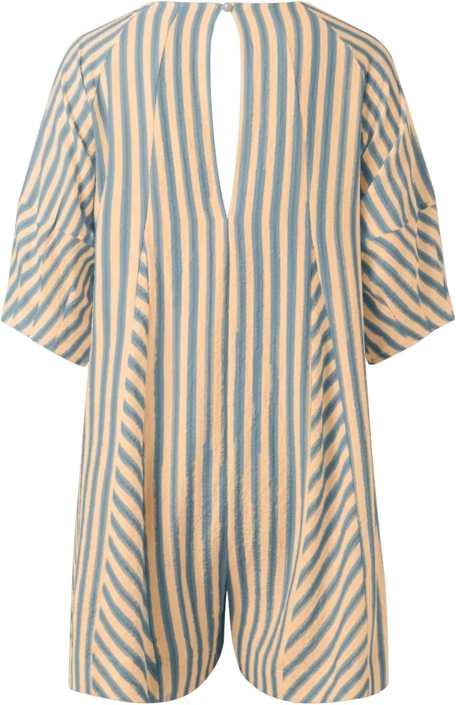 Summer Rompers for Women 2025 Casual Oversized Striped Puff Sleeve Short Jumpsuits Front Tie Overalls with Pockets