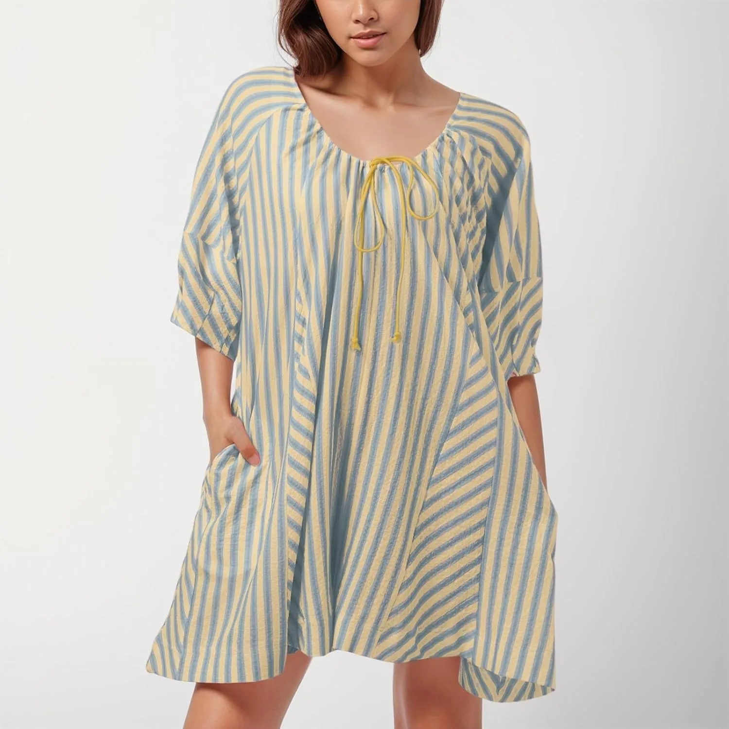 Summer Rompers for Women 2025 Casual Oversized Striped Puff Sleeve Short Jumpsuits Front Tie Overalls with Pockets