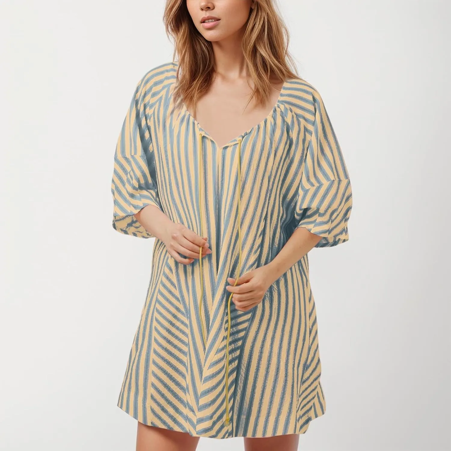 Summer Rompers for Women 2025 Casual Oversized Striped Puff Sleeve Short Jumpsuits Front Tie Overalls with Pockets