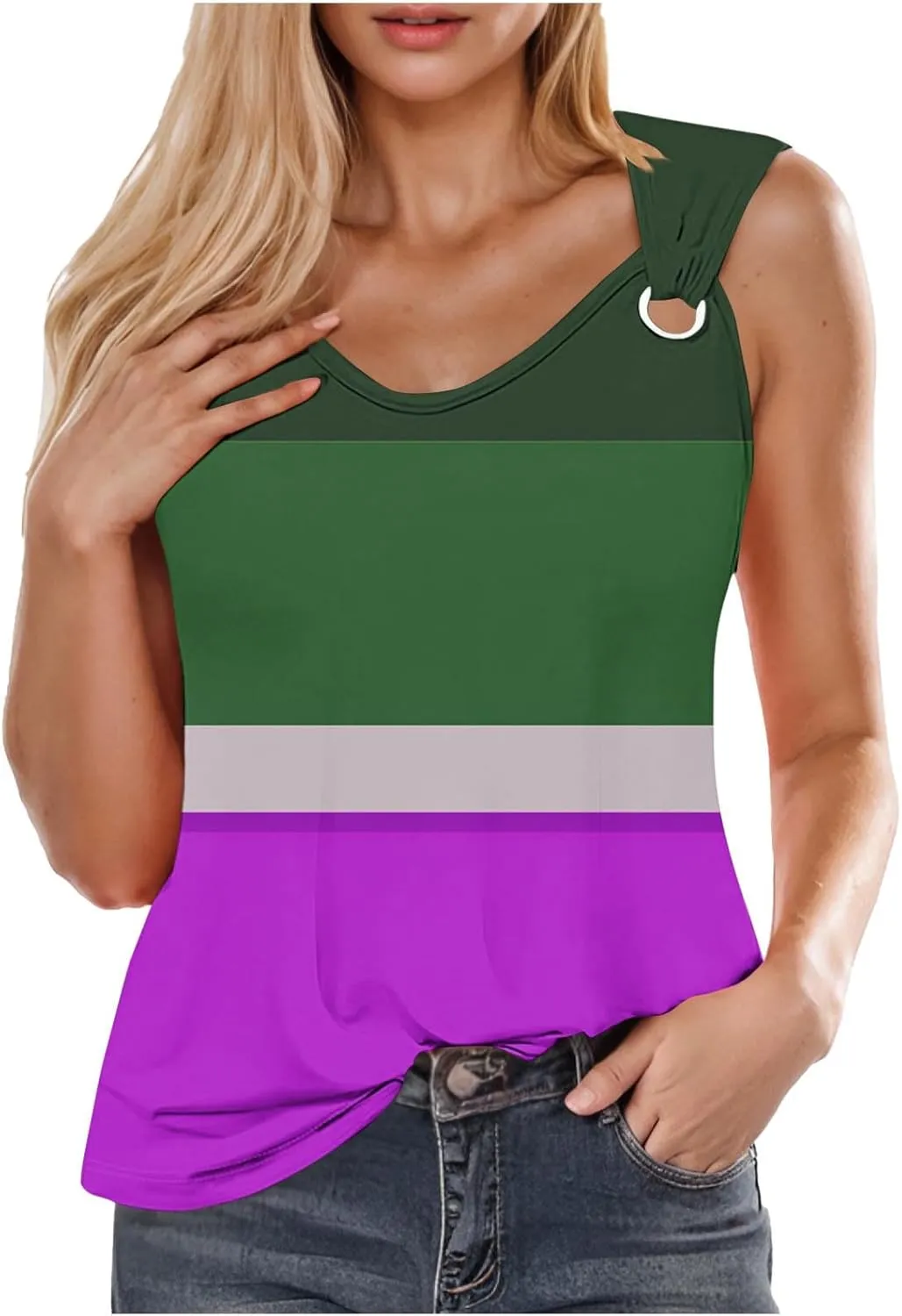 Summer Tank Tops for Women 2025 Color Block Print Casual V Neck Sleeveless Tops Trendy Summer Beach Comfy Tank Top