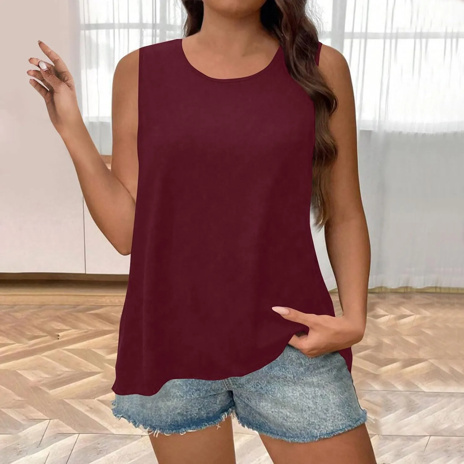 Tank Top for Women Summer Crew Neck Loose Fit T Shirts Casual Fashion Dressy Flowy Sleeveless Tunic Basic Solid Tops