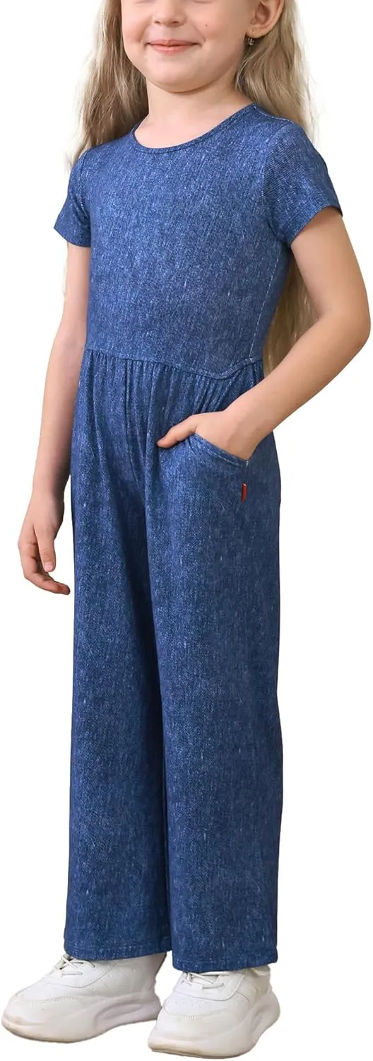 Toddler Girls Rompers Bamboo Viscose Short Sleeve Wide Leg Jumpsuit Summer Outfit
