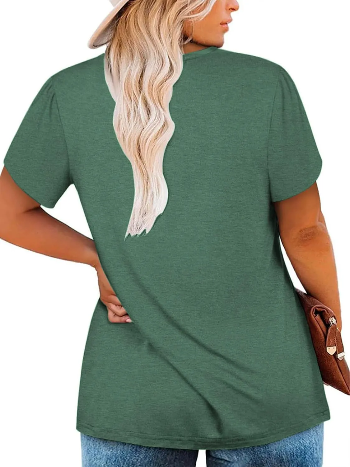 VISLILY Womens-Plus-Size-Summer-Tops Chic Keyhole V Neck T Shirts Cute Petal Short Sleeve Blouses Flowy Pleated Tunics XL-5XL
