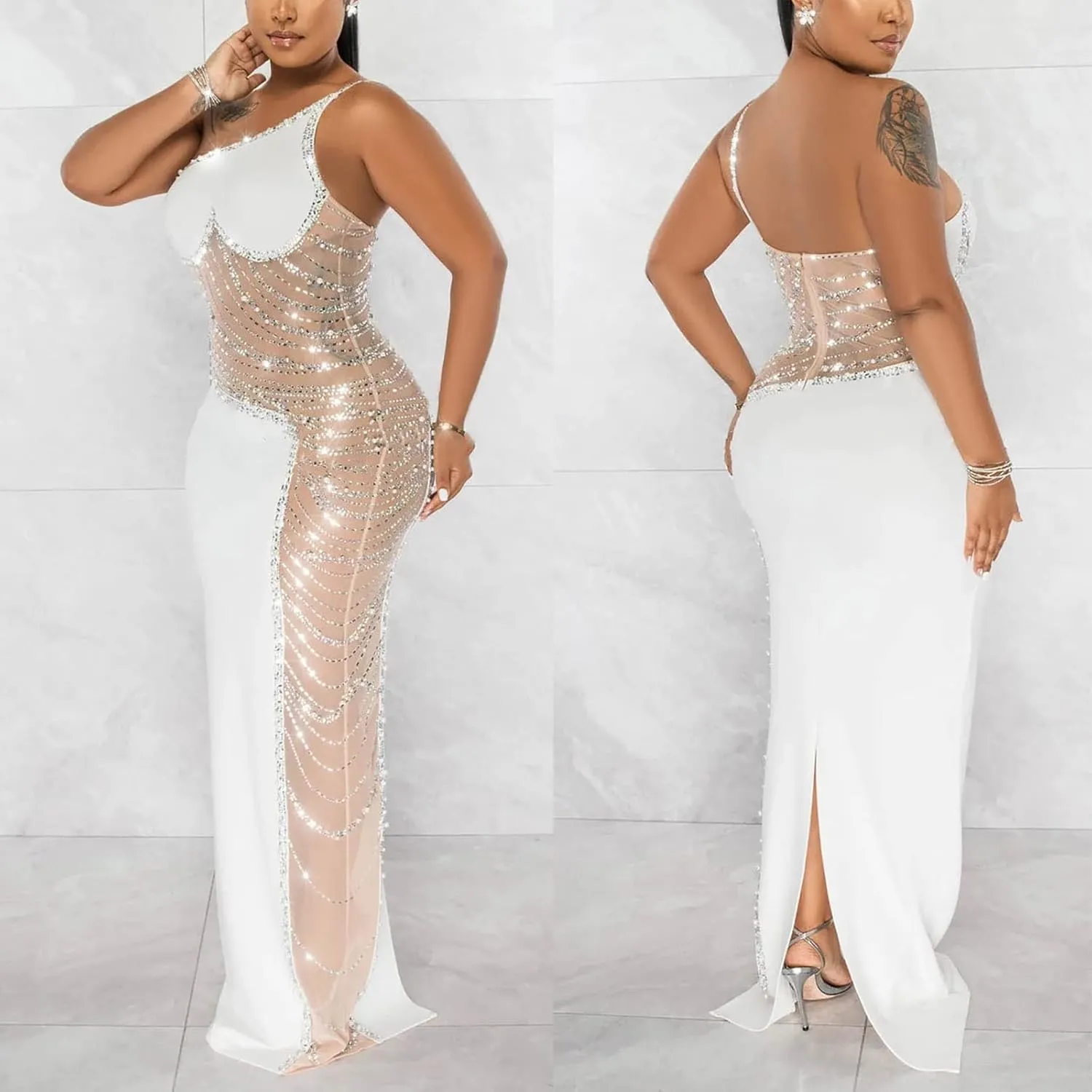 WOKANSE Women's Sexy Party Dresses Rhinestone One Shoulder Mesh Bodycon Club Maxi Dress
