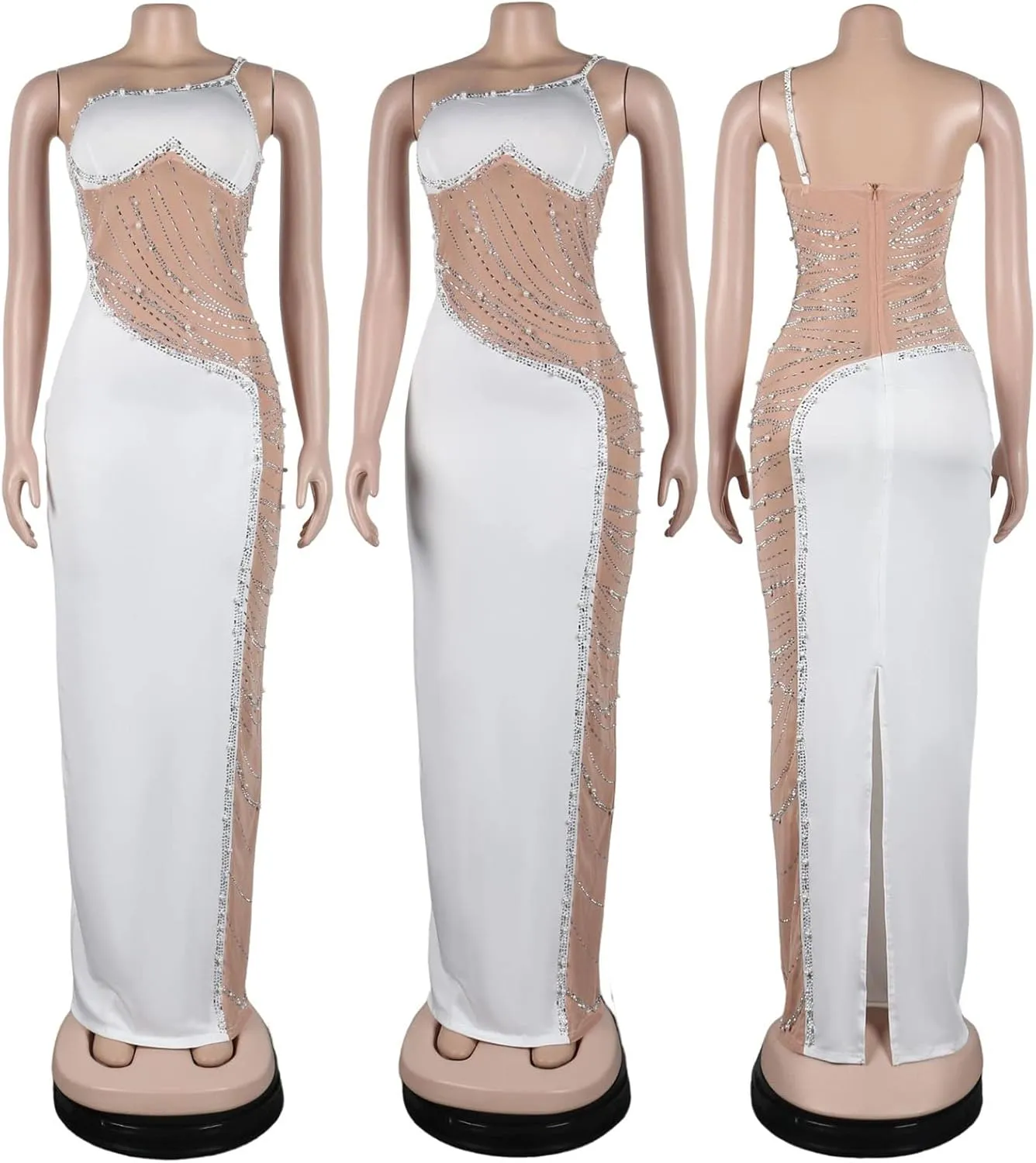 WOKANSE Women's Sexy Party Dresses Rhinestone One Shoulder Mesh Bodycon Club Maxi Dress