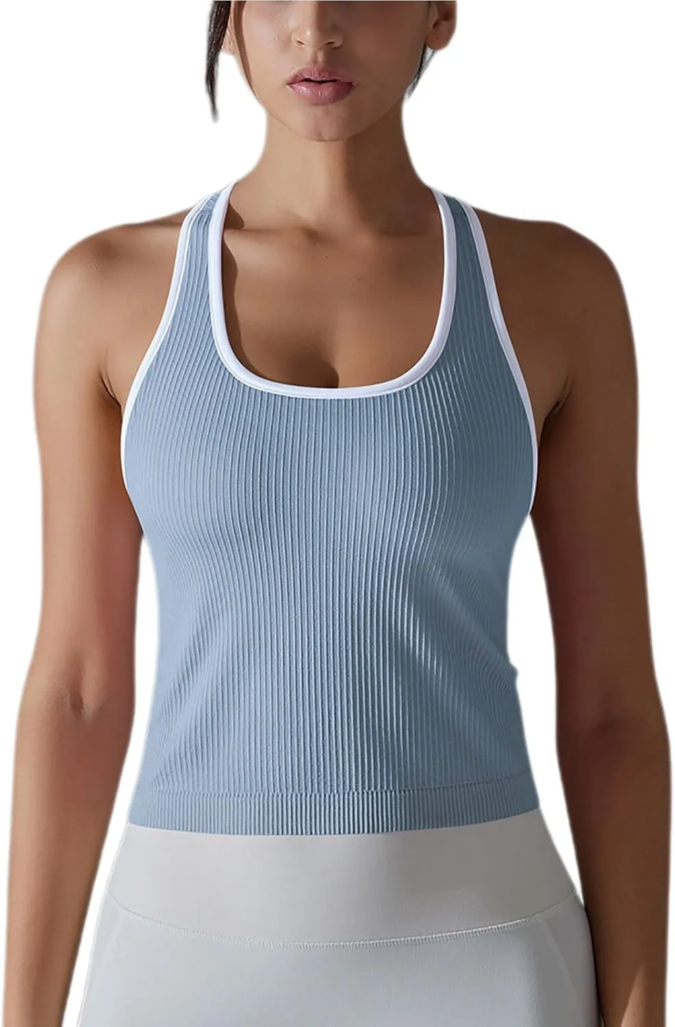 Women Athletic Workout Racerback Shirts, Summer Sleeveless Running Training Tank Tops Elastic Ribbed Slim Fit Clothes