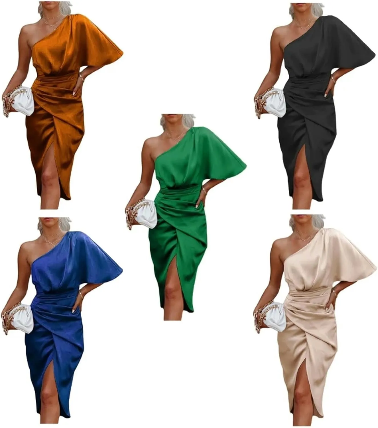 Women One Shoulder Sleeve Midi Dress Asymmetrical Ruched Wrap Split High Waist Bodycon Dresses -Brown-L