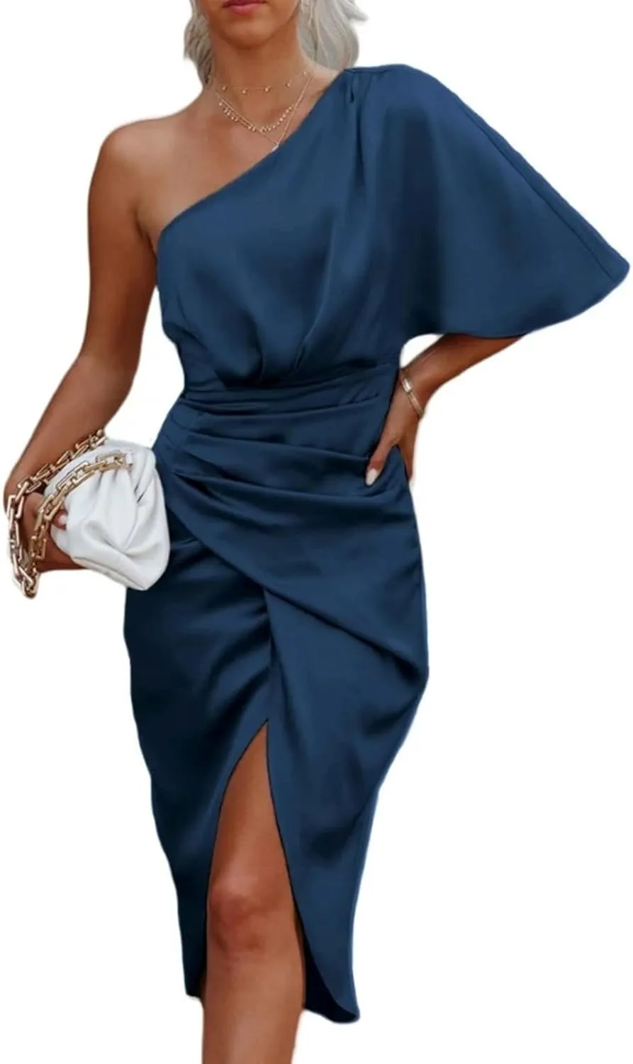 Women One Shoulder Sleeve Midi Dress Asymmetrical Ruched Wrap Split High Waist Bodycon Dresses -Brown-L
