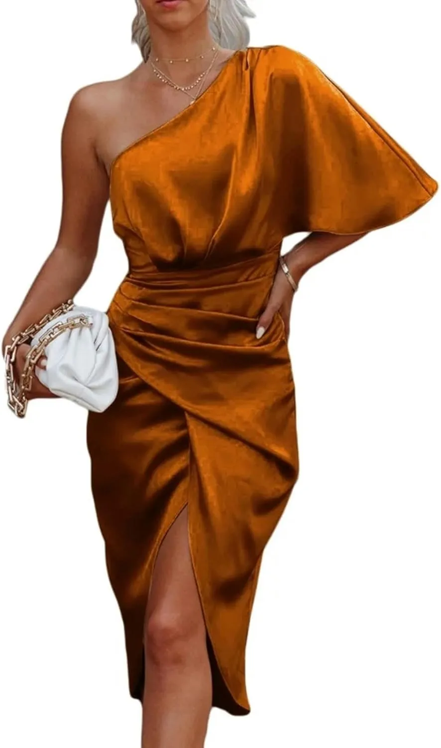 Women One Shoulder Sleeve Midi Dress Asymmetrical Ruched Wrap Split High Waist Bodycon Dresses -Brown-L
