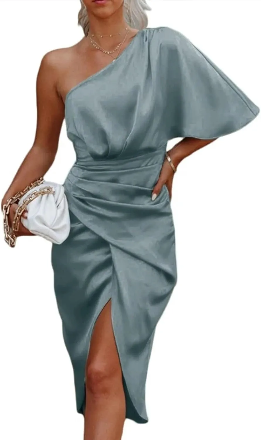Women One Shoulder Sleeve Midi Dress Asymmetrical Ruched Wrap Split High Waist Bodycon Dresses -Brown-L