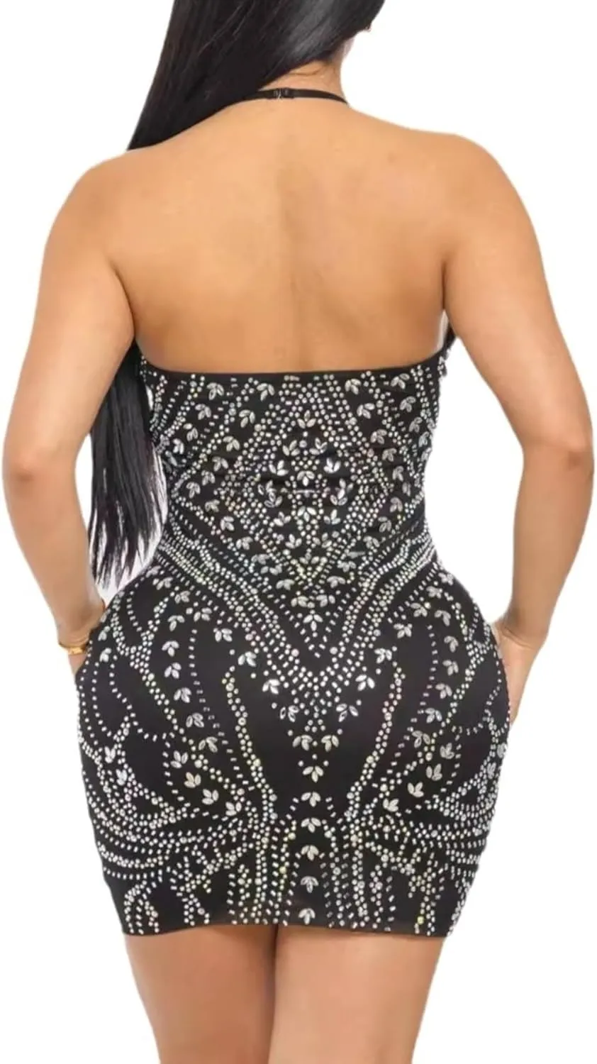 Women Sexy Elegant Sparkly Rhinestone Birthday Cocktail Party Club Night Outfit Prom Dress Evening Dress