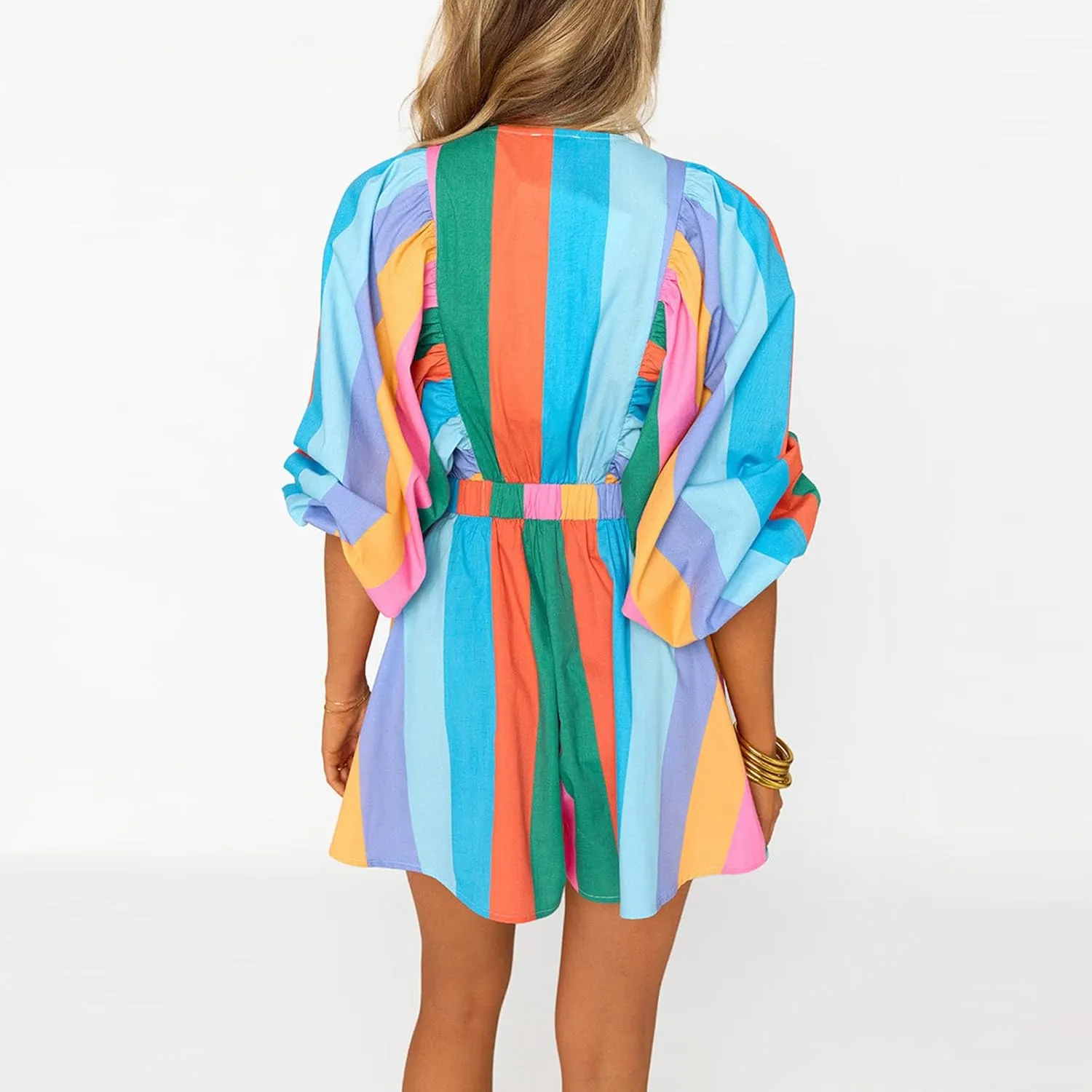 Women Summer Casual Short Tee Romper Deep v Neck Long Puff Sleeve Plaid Playsuit Oversized Jumpsuit Overalls