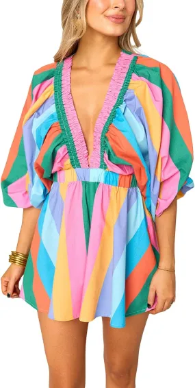 Women Summer Casual Short Tee Romper Deep v Neck Long Puff Sleeve Plaid Playsuit Oversized Jumpsuit Overalls
