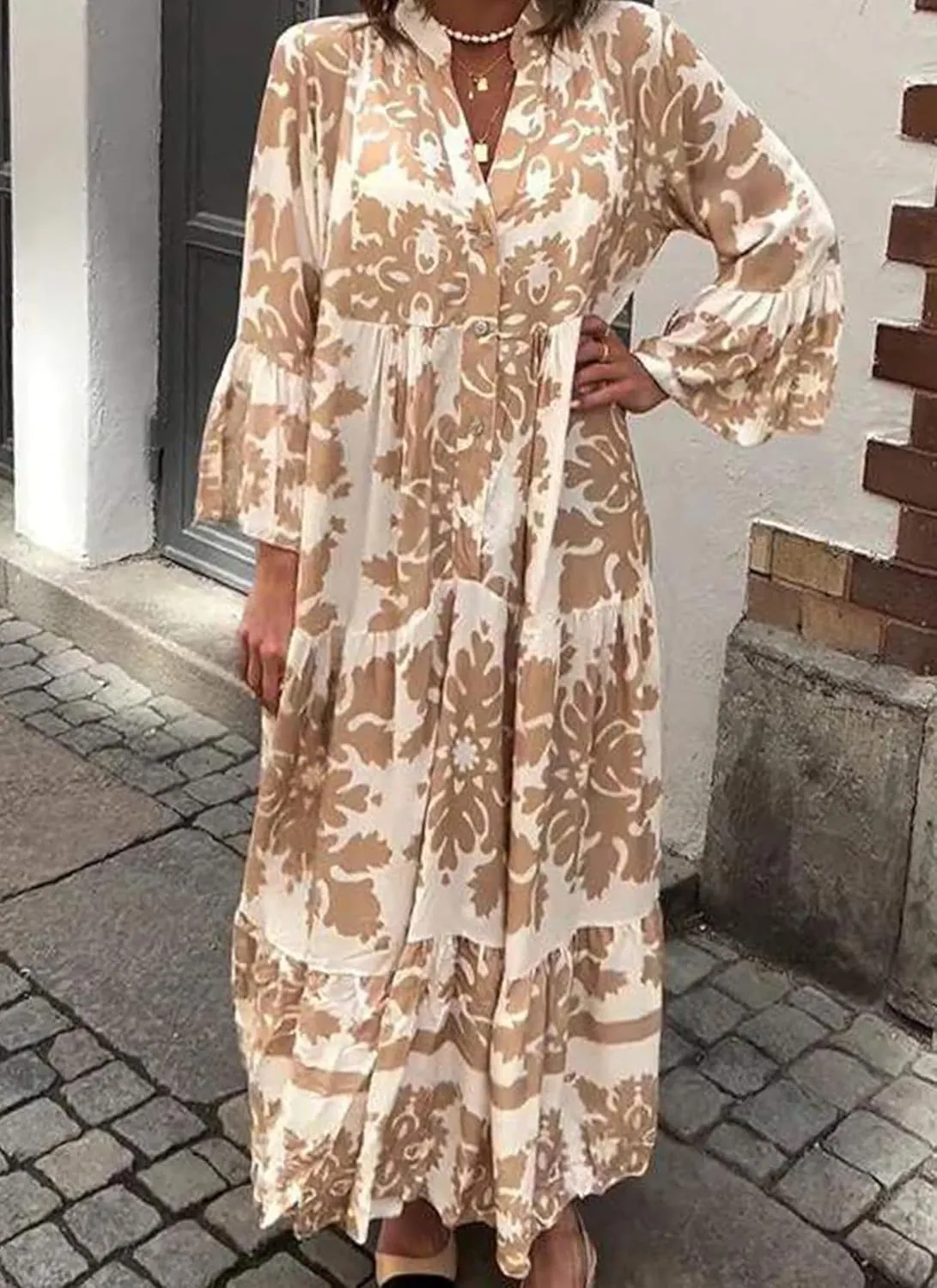 Womens 2025 Elegant Floral Print Maxi Dress Stylish Tiered 3/4 Sleeve Maxi Dress