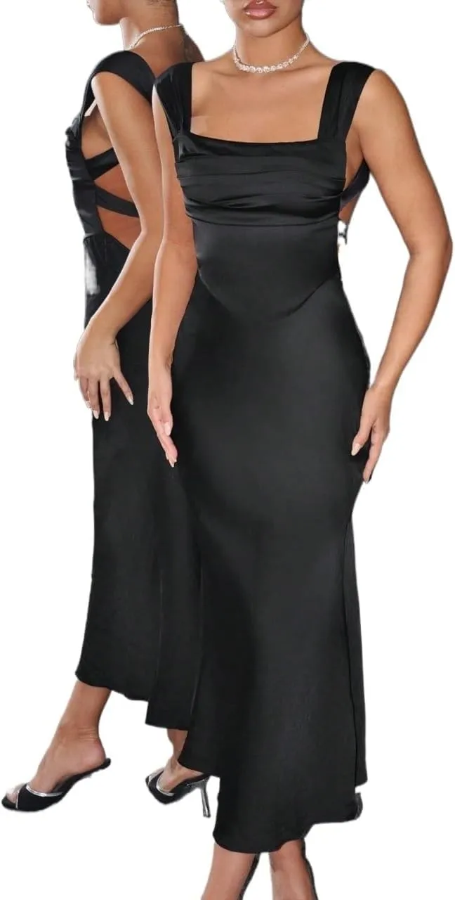 Women's 2025 Sexy Bodycon Maxi Long Dress Solid Color Elegant Backless Long Dress