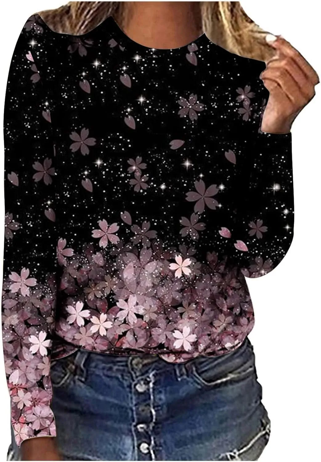 Womens Casual Pullover Tops Fashion Print Long Sleeve Crew Neck Basic Tee Shirts Fall Loose Light Weight Sweatshirts