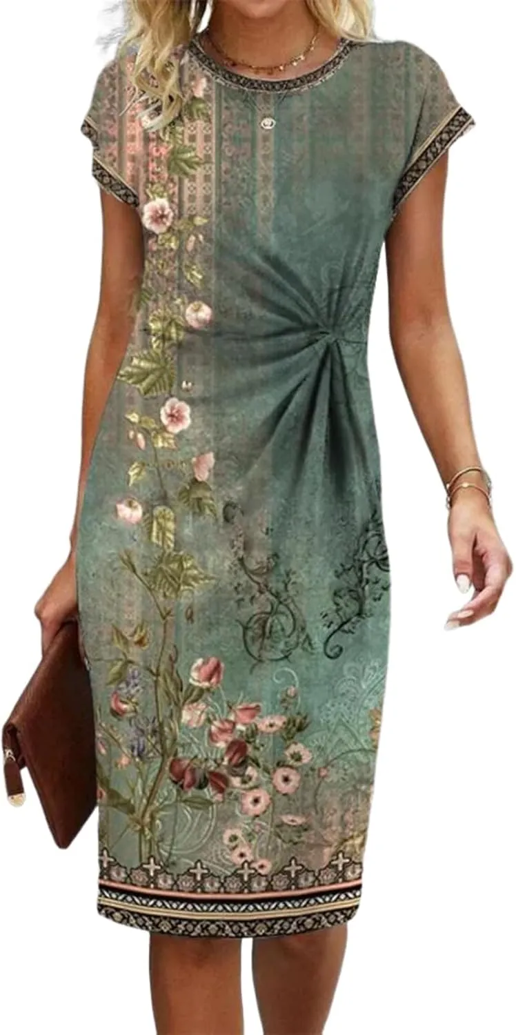Women's Chic Floral Print Round Neck Short Sleeve Shift Mini Dress 2025 Summer Casual Elegant Beach Vacation Dresses