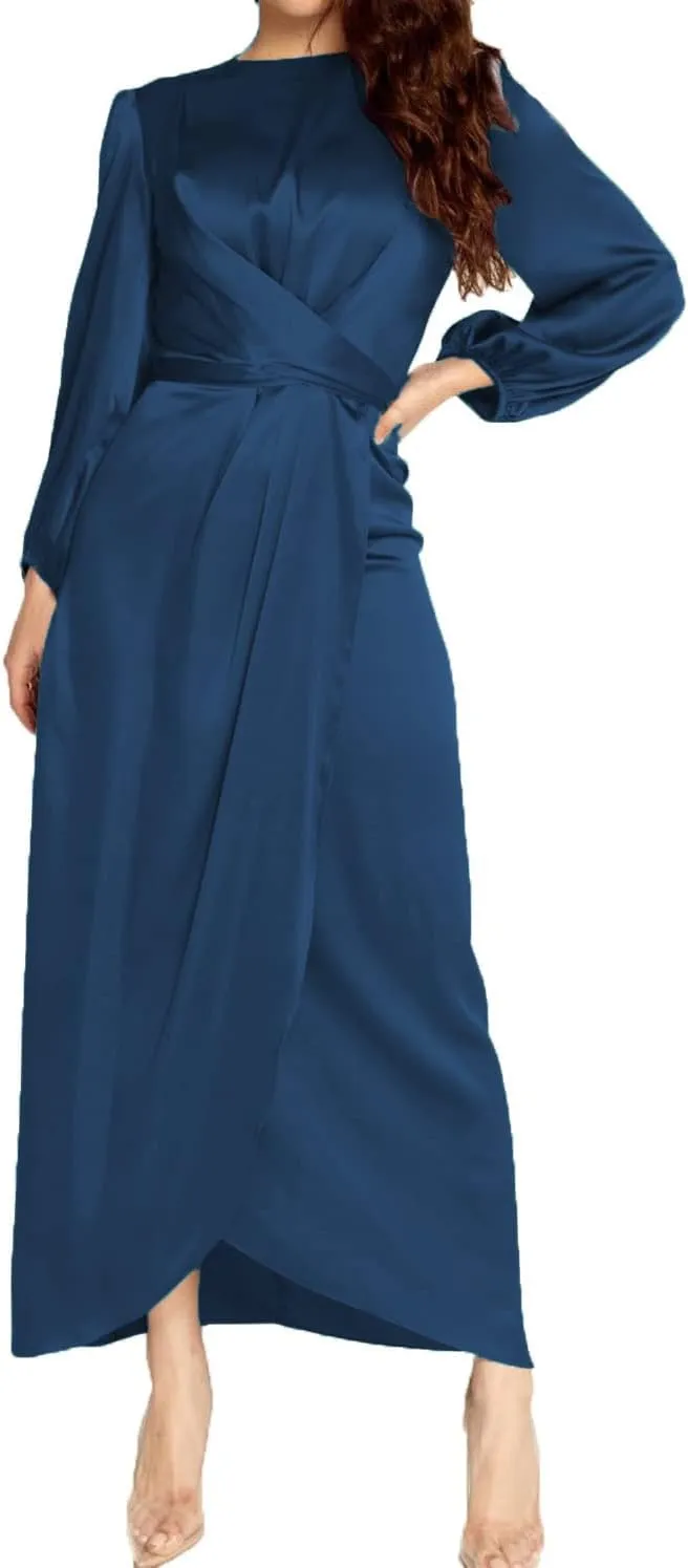 Women's Elegant Empire Waist Long Sleeve Satin Maxi Dress