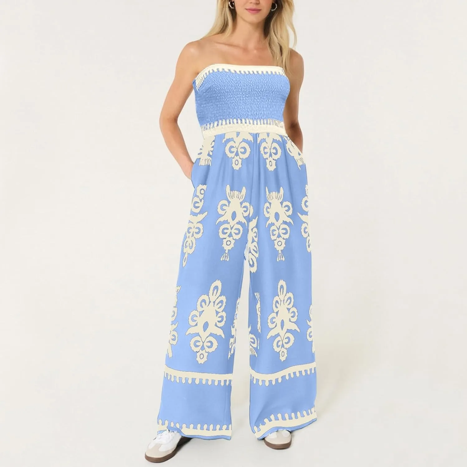 Womens Jumpsuits Casual One Piece Shirred Strap Wide Leg Long Pants Rompers with Pockets Boho Summer Outfits