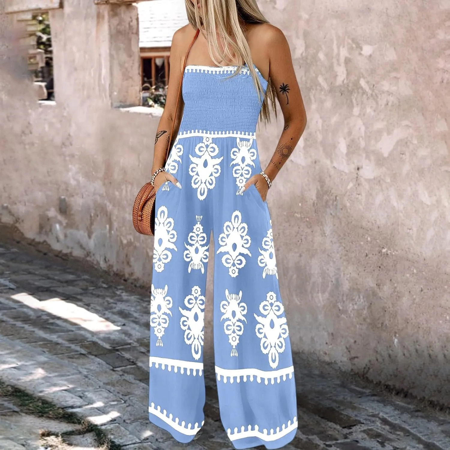 Womens Jumpsuits Casual One Piece Shirred Strap Wide Leg Long Pants Rompers with Pockets Boho Summer Outfits