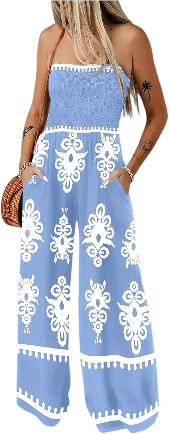 Womens Jumpsuits Casual One Piece Shirred Strap Wide Leg Long Pants Rompers with Pockets Boho Summer Outfits
