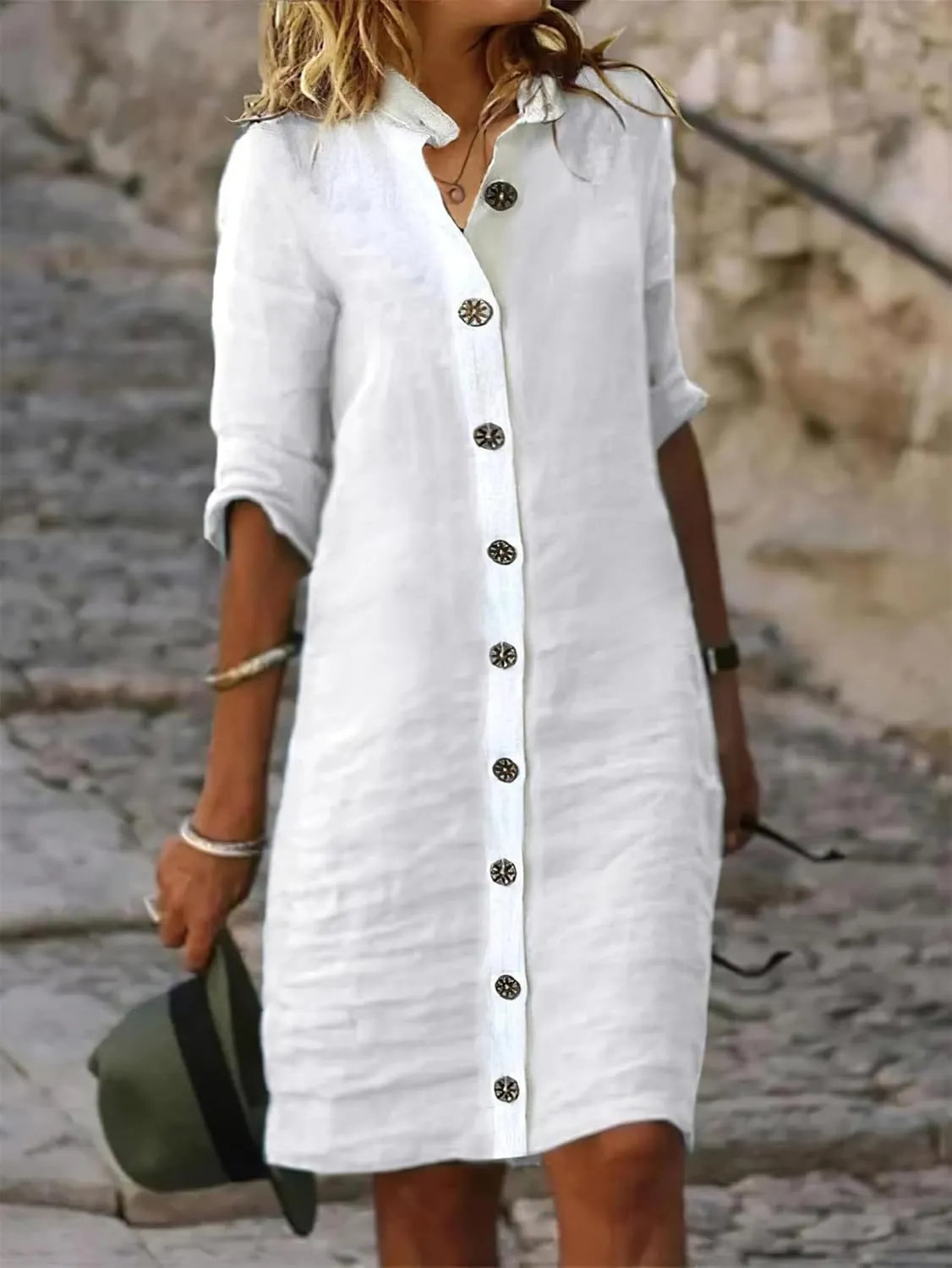 Women's Midi Shirt Dress Cotton Linen Skirt Summer Beach Cover-up Half Sleeve V-Neck Button Business Casual Dresses