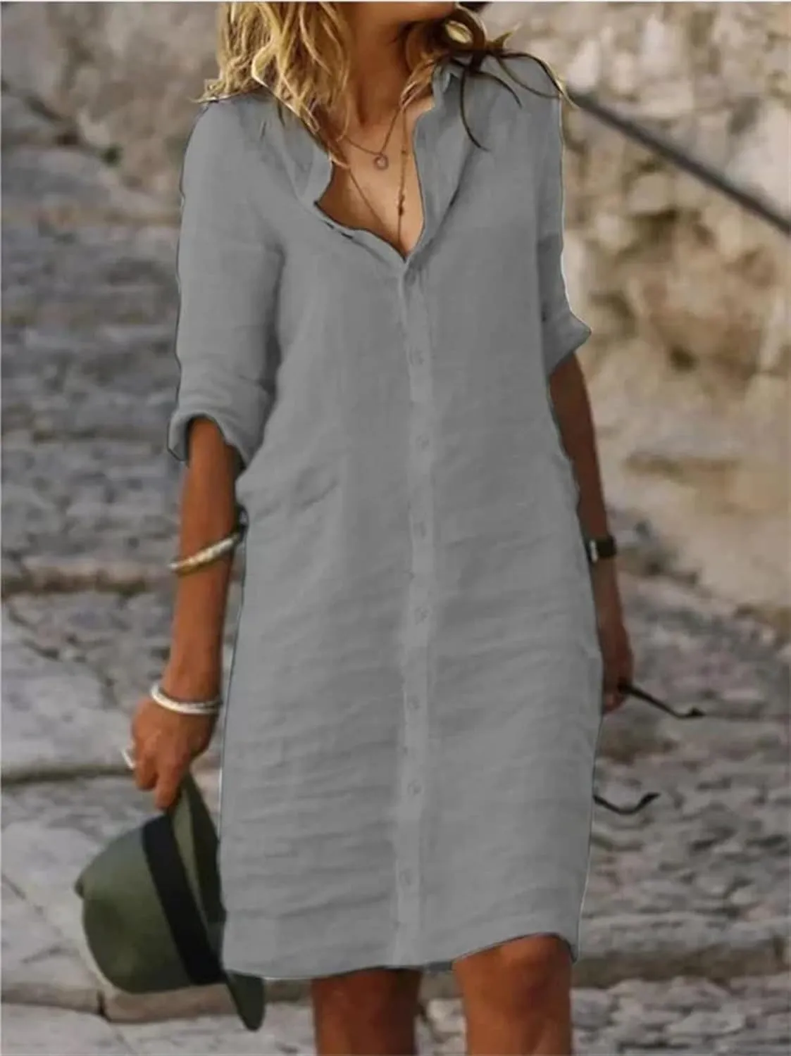 Women's Midi Shirt Dress Cotton Linen Skirt Summer Beach Cover-up Half Sleeve V-Neck Button Business Casual Dresses