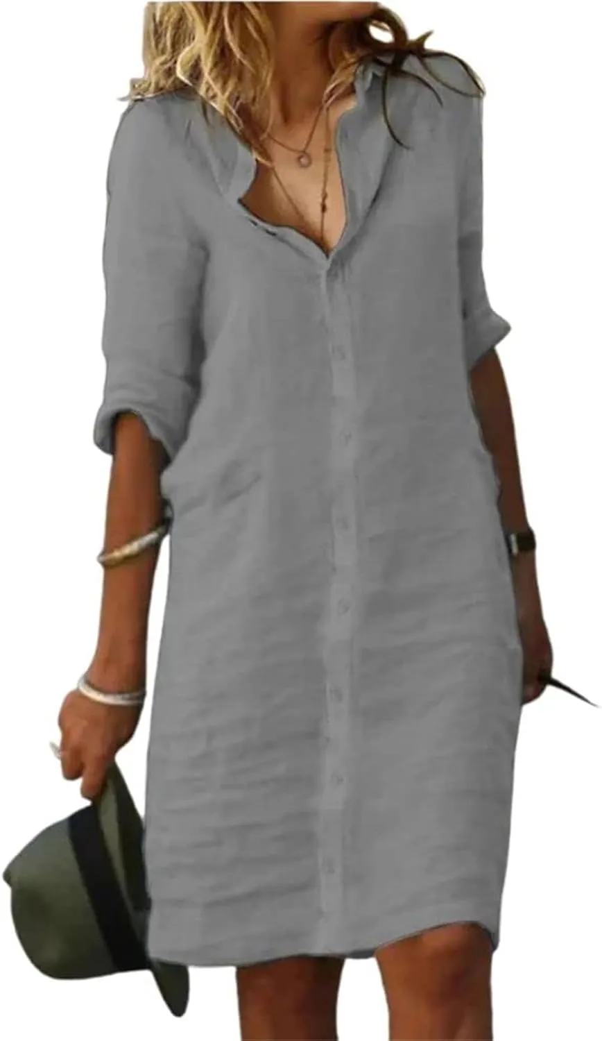 Women's Midi Shirt Dress Cotton Linen Skirt Summer Beach Cover-up Half Sleeve V-Neck Button Business Casual Dresses
