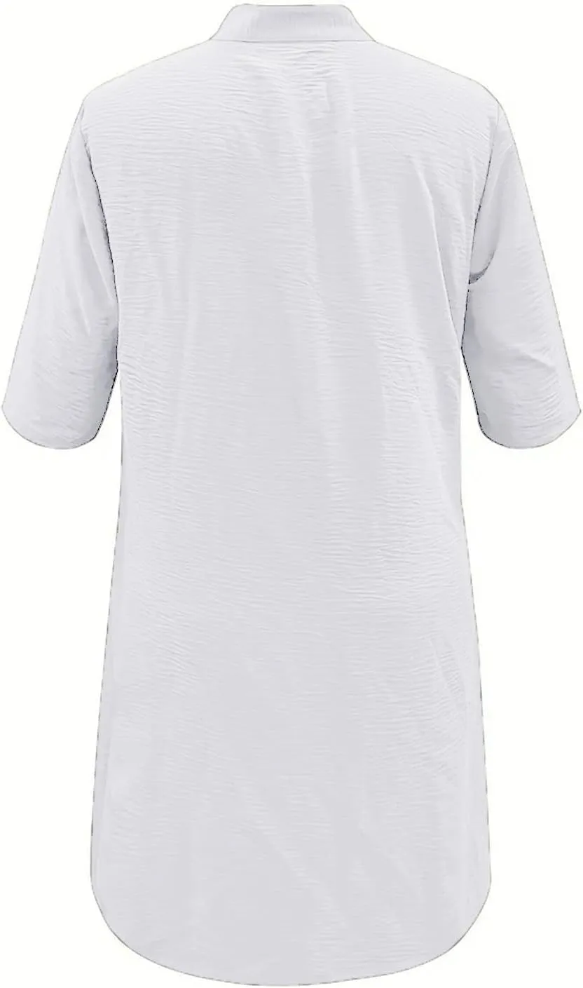 Women's Midi Shirt Dress Cotton Linen Skirt Summer Beach Cover-up Half Sleeve V-Neck Button Business Casual Dresses