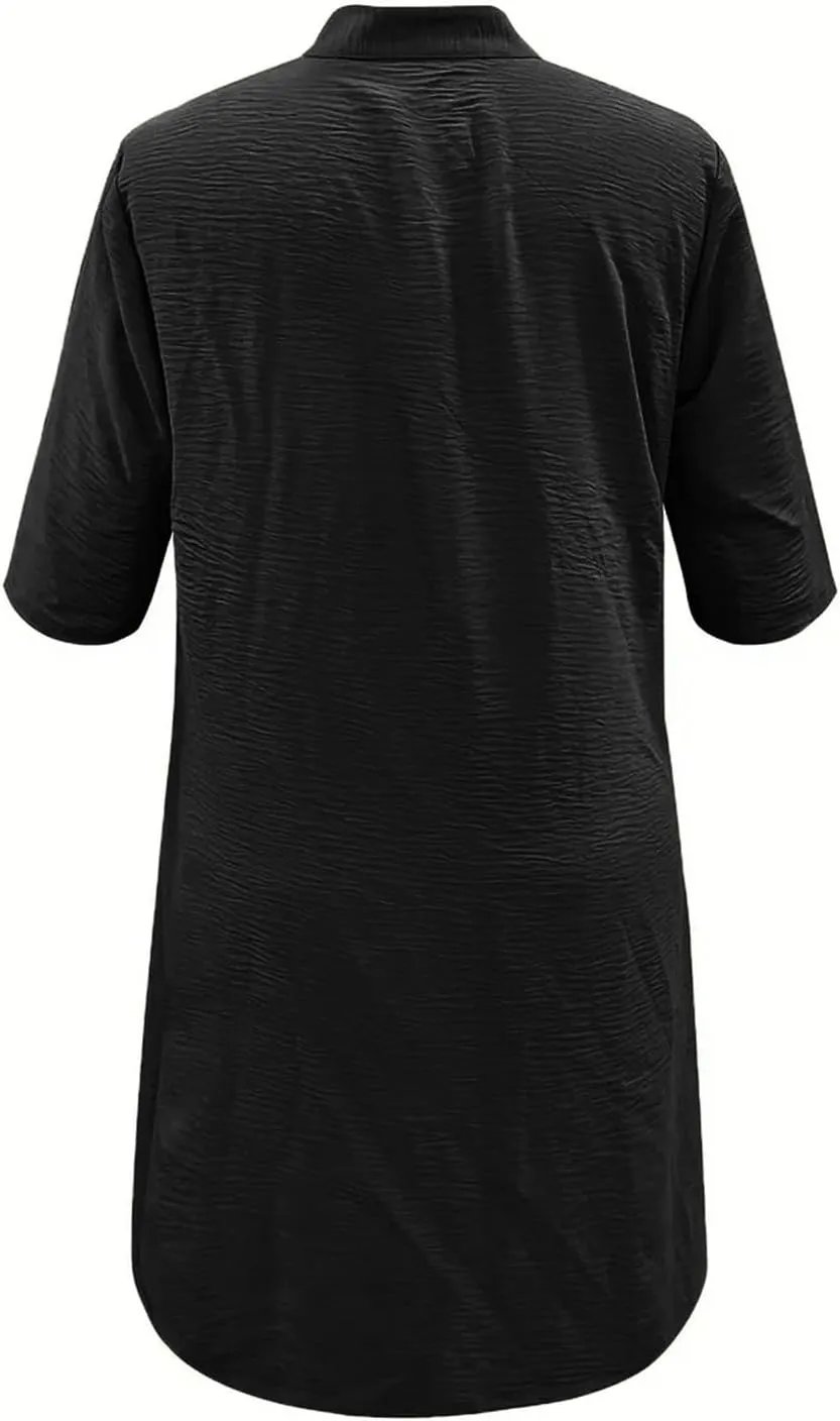 Women's Midi Shirt Dress Cotton Linen Skirt Summer Beach Cover-up Half Sleeve V-Neck Button Business Casual Dresses