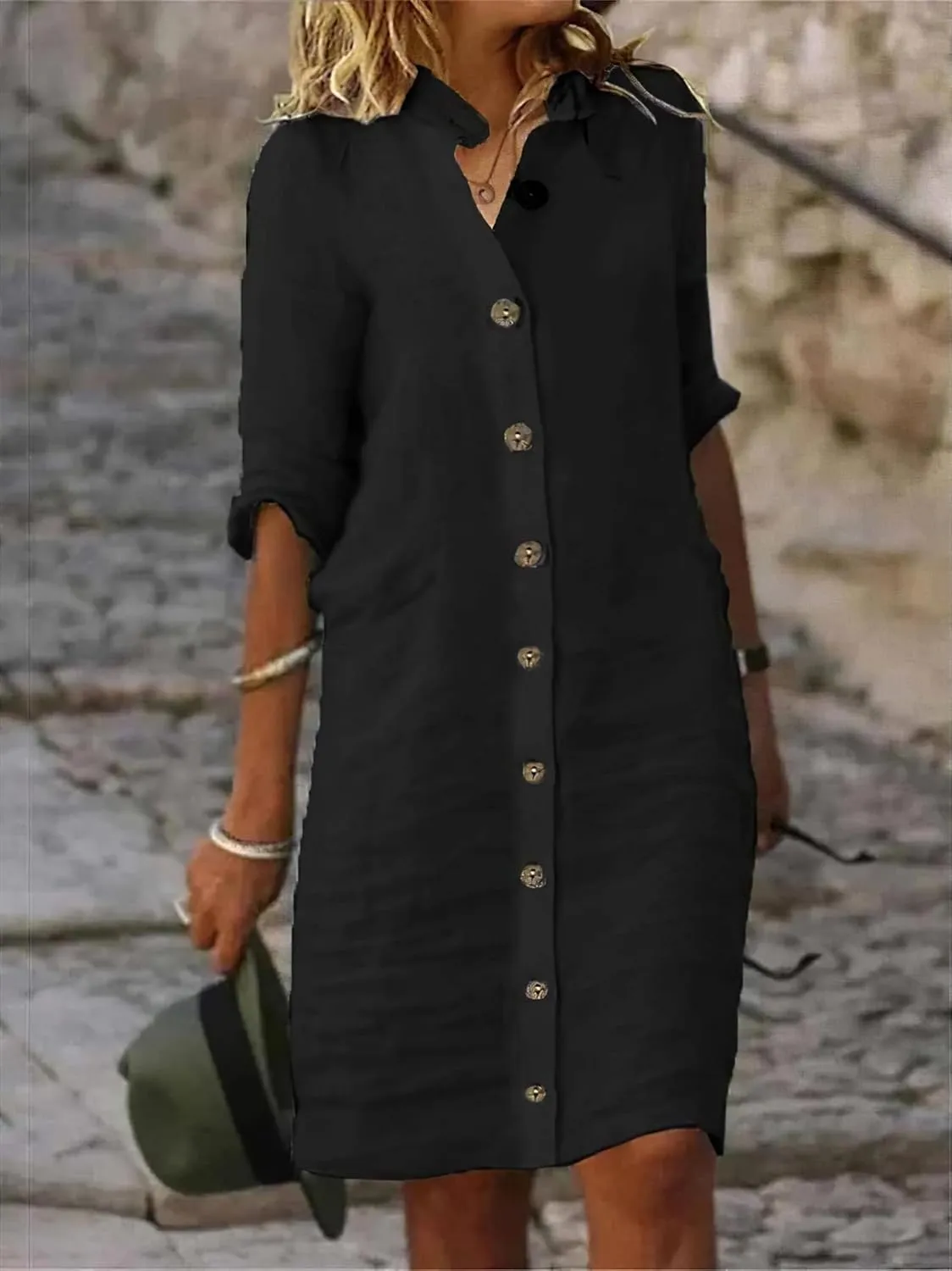 Women's Midi Shirt Dress Cotton Linen Skirt Summer Beach Cover-up Half Sleeve V-Neck Button Business Casual Dresses