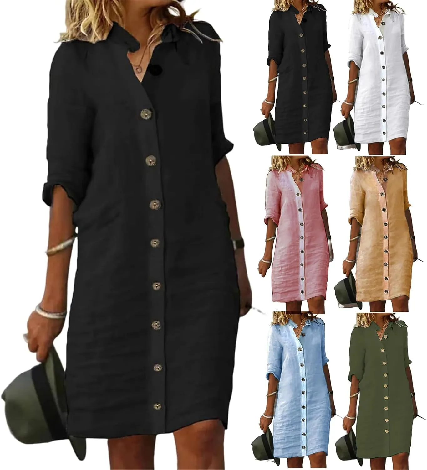 Women's Midi Shirt Dress Cotton Linen Skirt Summer Beach Cover-up Half Sleeve V-Neck Button Business Casual Dresses