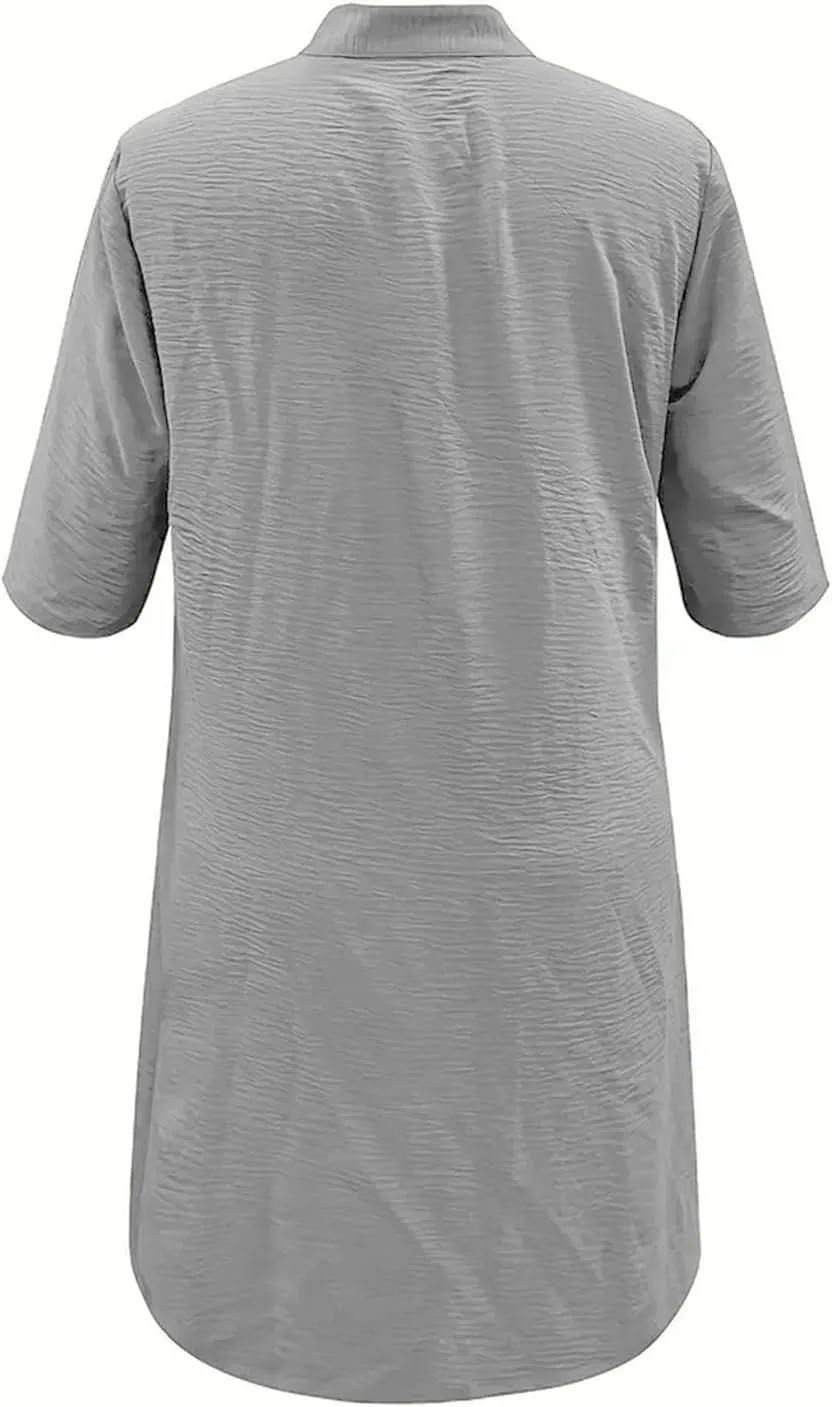 Women's Midi Shirt Dress Cotton Linen Skirt Summer Beach Cover-up Half Sleeve V-Neck Button Business Casual Dresses