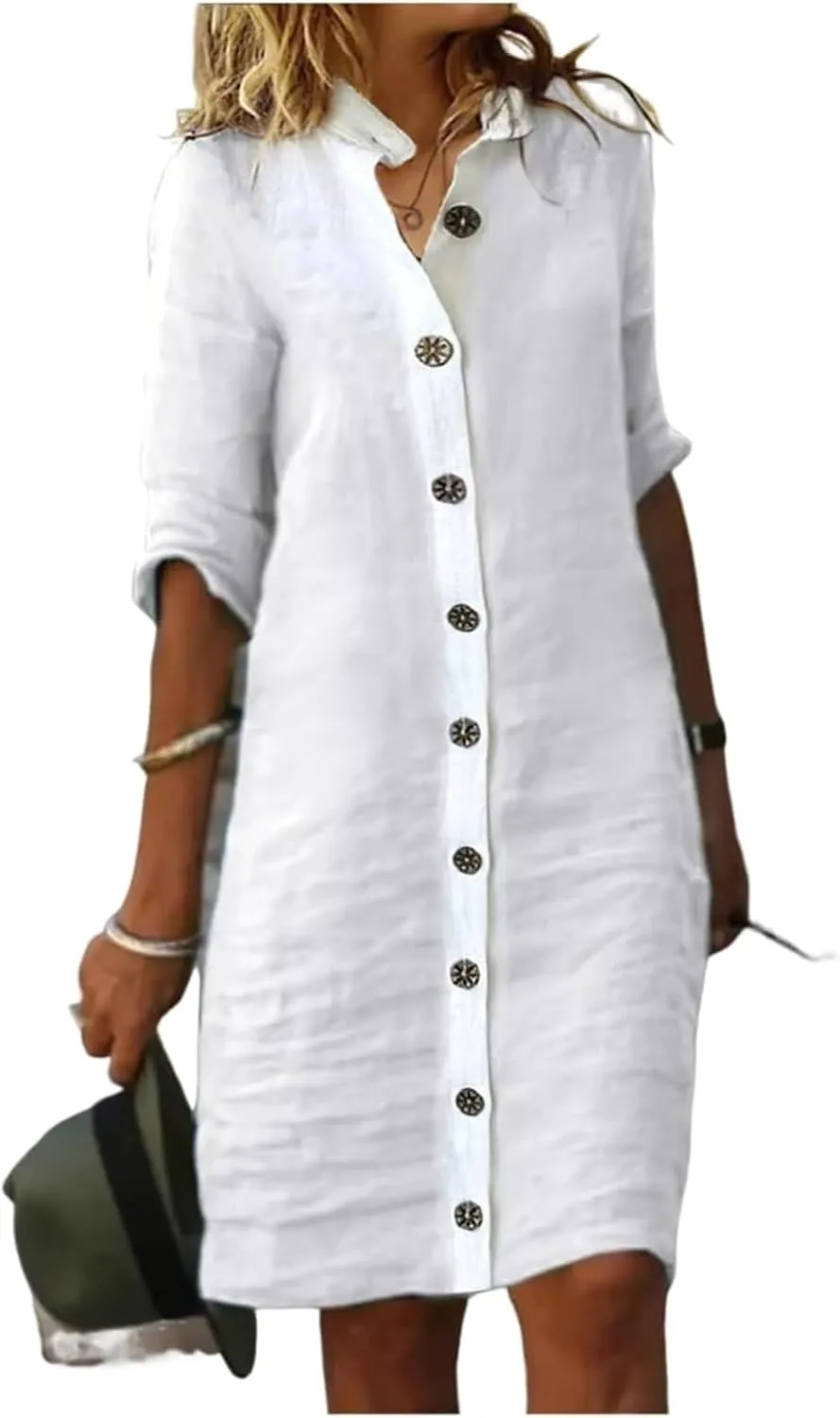 Women's Midi Shirt Dress Cotton Linen Skirt Summer Beach Cover-up Half Sleeve V-Neck Button Business Casual Dresses
