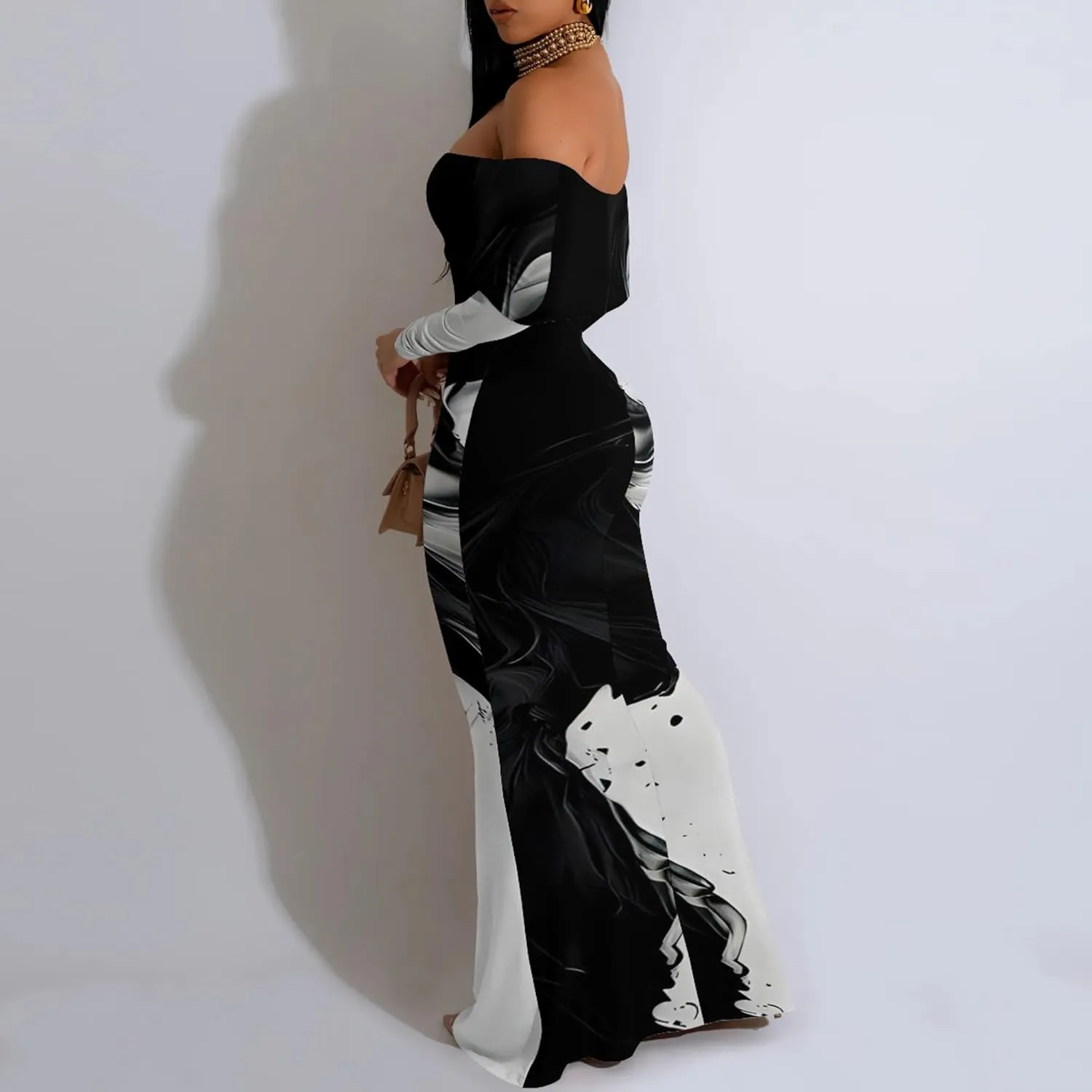 Women's Sexy Elegant Bodycon Long Sleeve Off Shoulder Evening Dress Cocktail Party Fishtail Maxi Dress Backless Dress