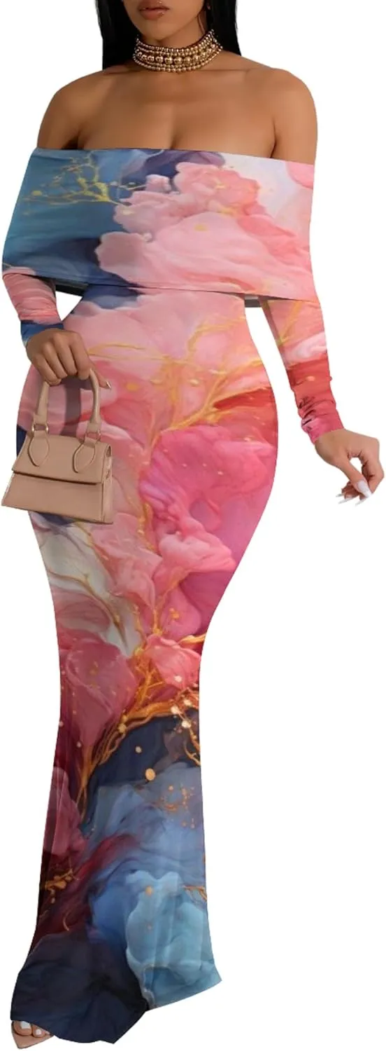 Women's Sexy Elegant Bodycon Long Sleeve Off Shoulder Evening Dress Cocktail Party Fishtail Maxi Dress Backless Dress
