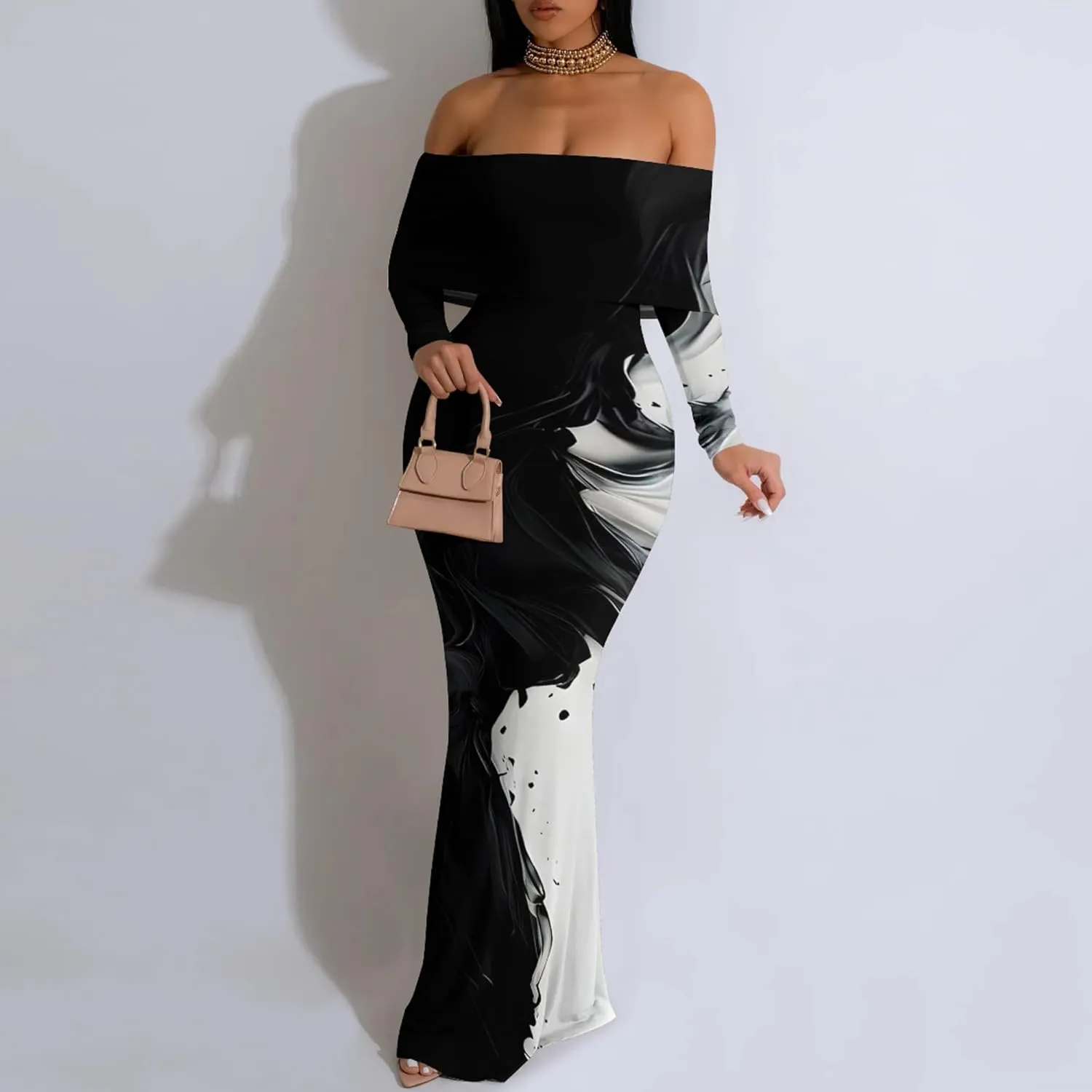 Women's Sexy Elegant Bodycon Long Sleeve Off Shoulder Evening Dress Cocktail Party Fishtail Maxi Dress Backless Dress
