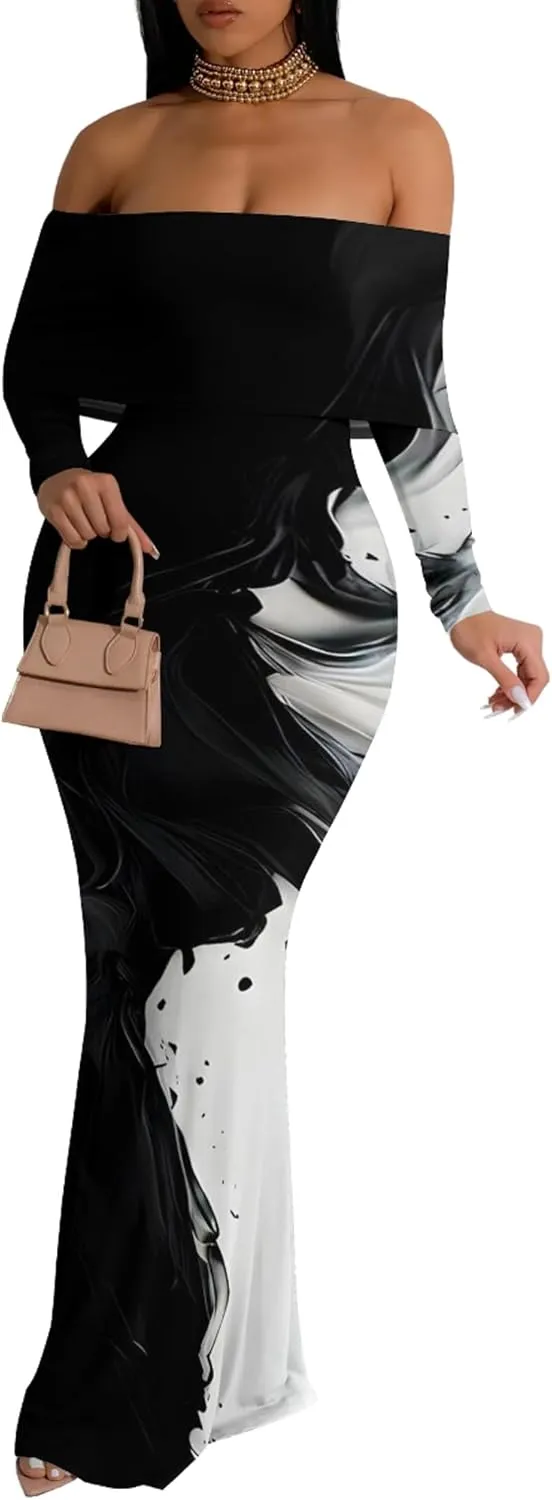 Women's Sexy Elegant Bodycon Long Sleeve Off Shoulder Evening Dress Cocktail Party Fishtail Maxi Dress Backless Dress