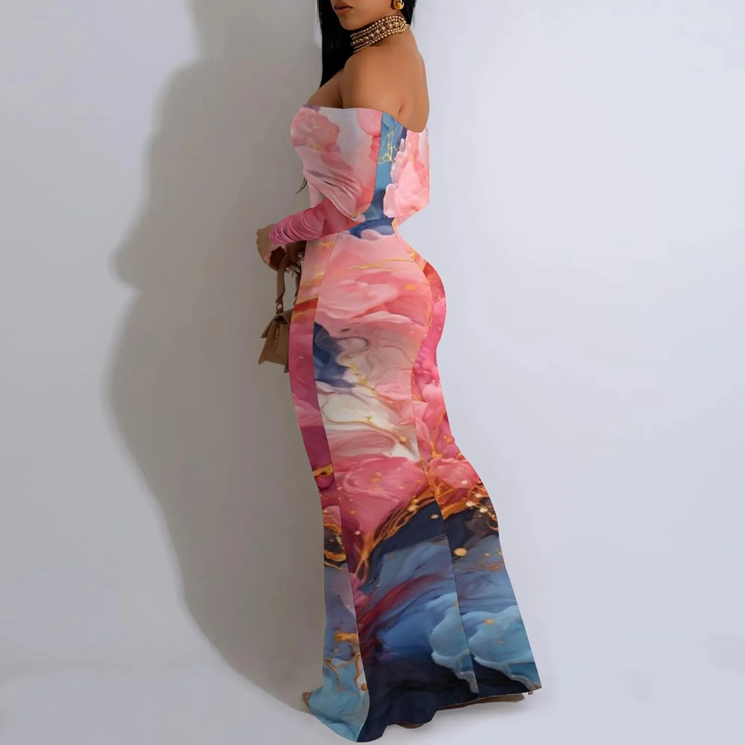 Women's Sexy Elegant Bodycon Long Sleeve Off Shoulder Evening Dress Cocktail Party Fishtail Maxi Dress Backless Dress