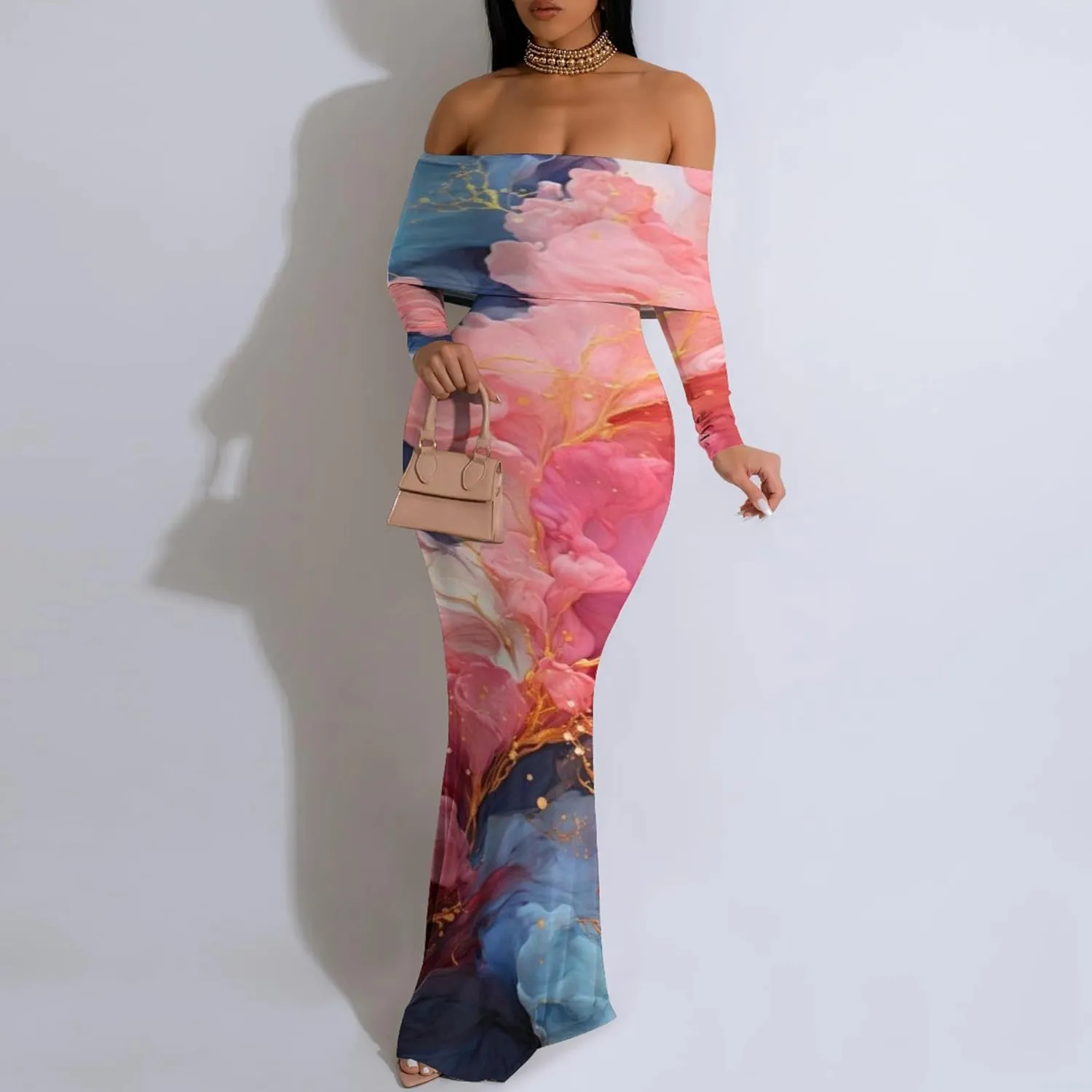 Women's Sexy Elegant Bodycon Long Sleeve Off Shoulder Evening Dress Cocktail Party Fishtail Maxi Dress Backless Dress