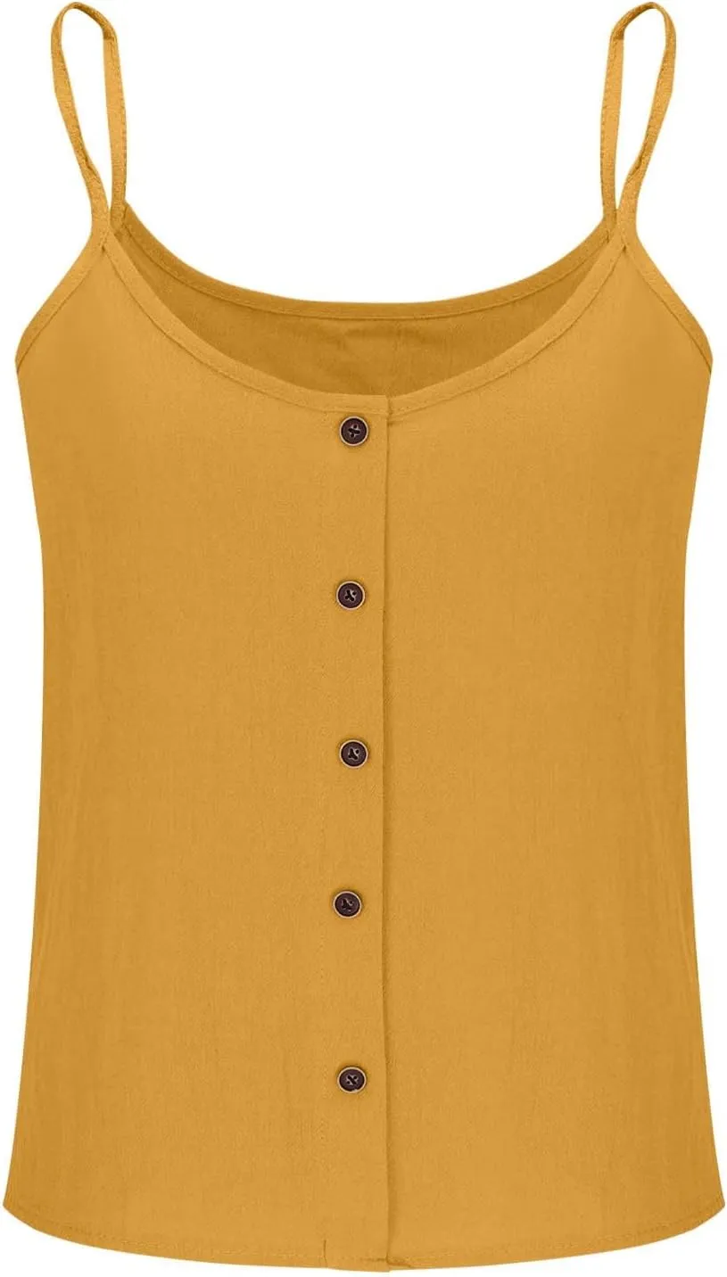 Womens Summer Cotton Linen Spaghetti Strap Tank Top V Neck Sleeveless Camisole Casual Loose Button Shirts Crop Tops