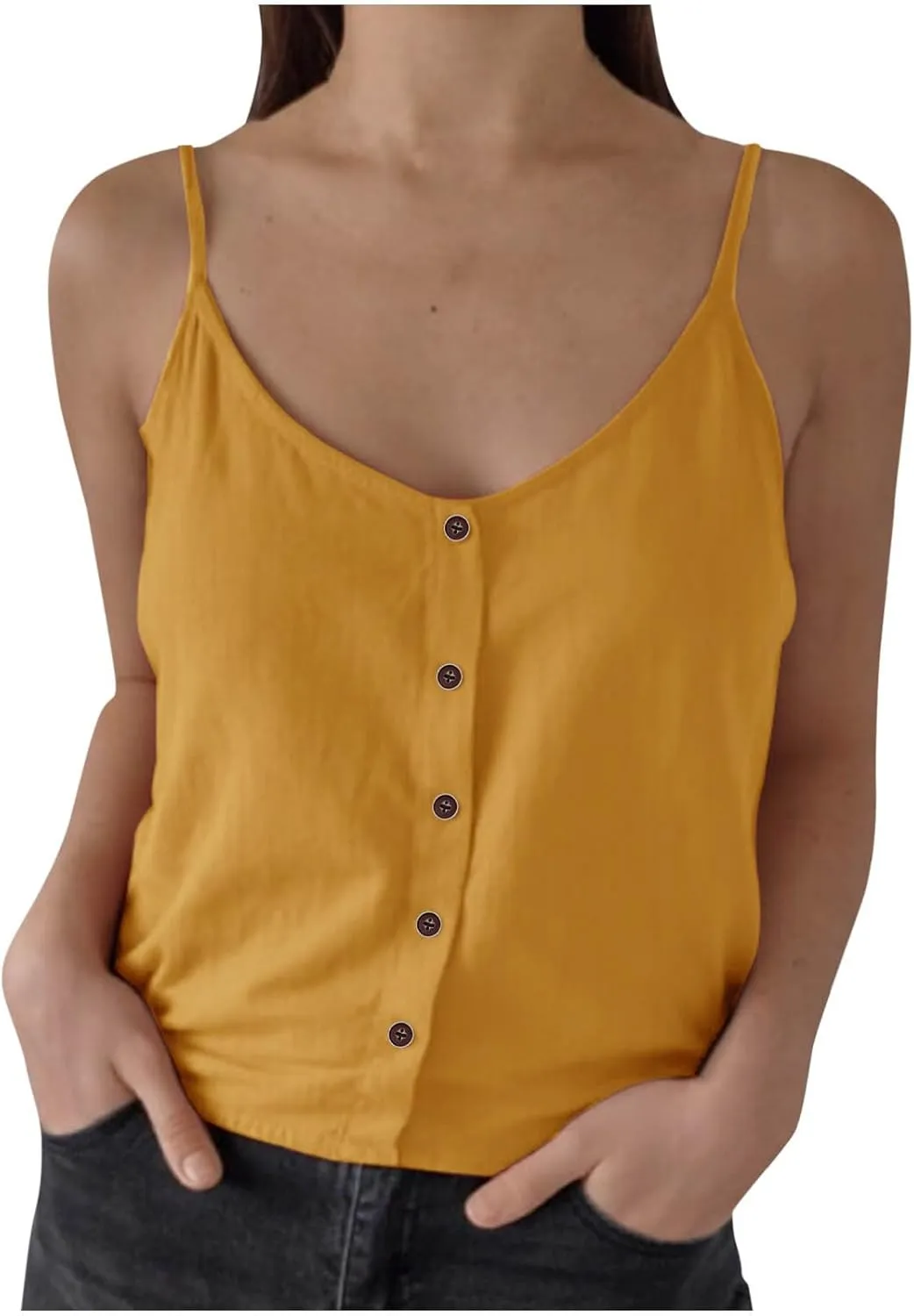 Womens Summer Cotton Linen Spaghetti Strap Tank Top V Neck Sleeveless Camisole Casual Loose Button Shirts Crop Tops